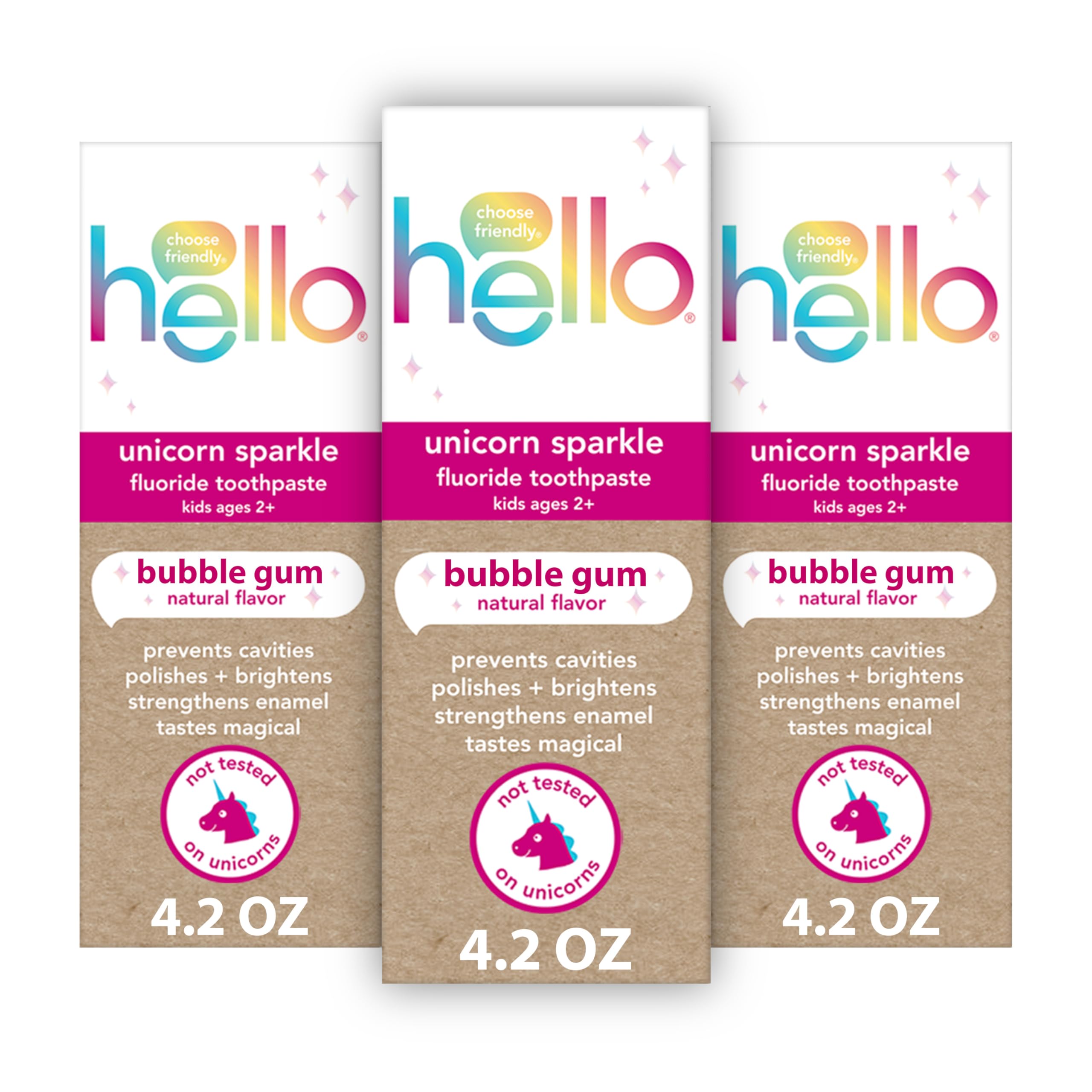 hallo Einhorn Glitzer Kinder-Fluoridzahnpasta, natürlicher Kaugummi-Geschmack, ADA-anerkannt, ab 2 Jahren, ohne künstliche Süßstoffe, ohne SLS, glutenfrei, vegan, 3er-Pack, 119 g Tuben