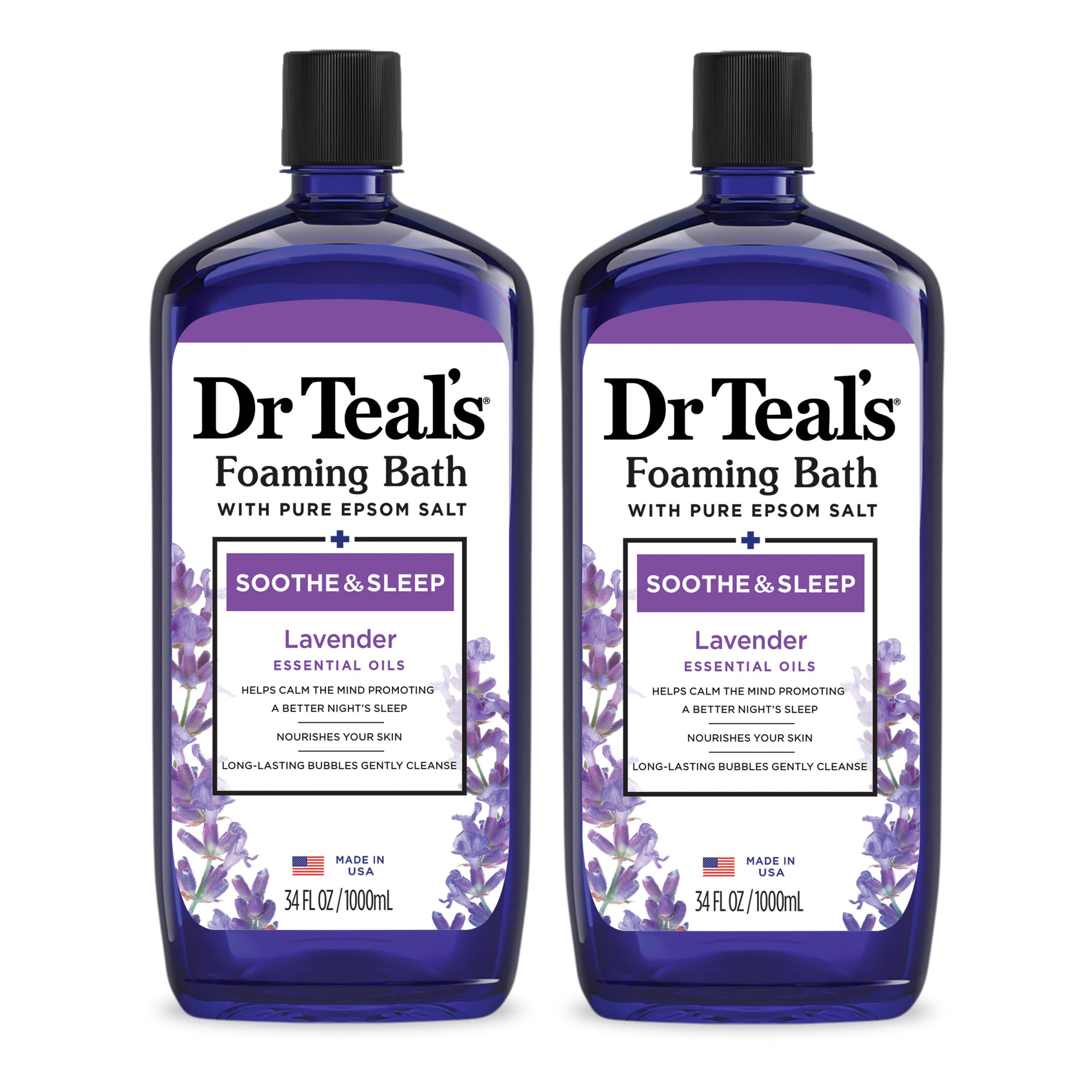 Dr Teal's Foaming Bath مع ملح إبسوم النقي، مهدئ ومنوّم باللافندر، 34 أونصة سائلة (عبوتان)