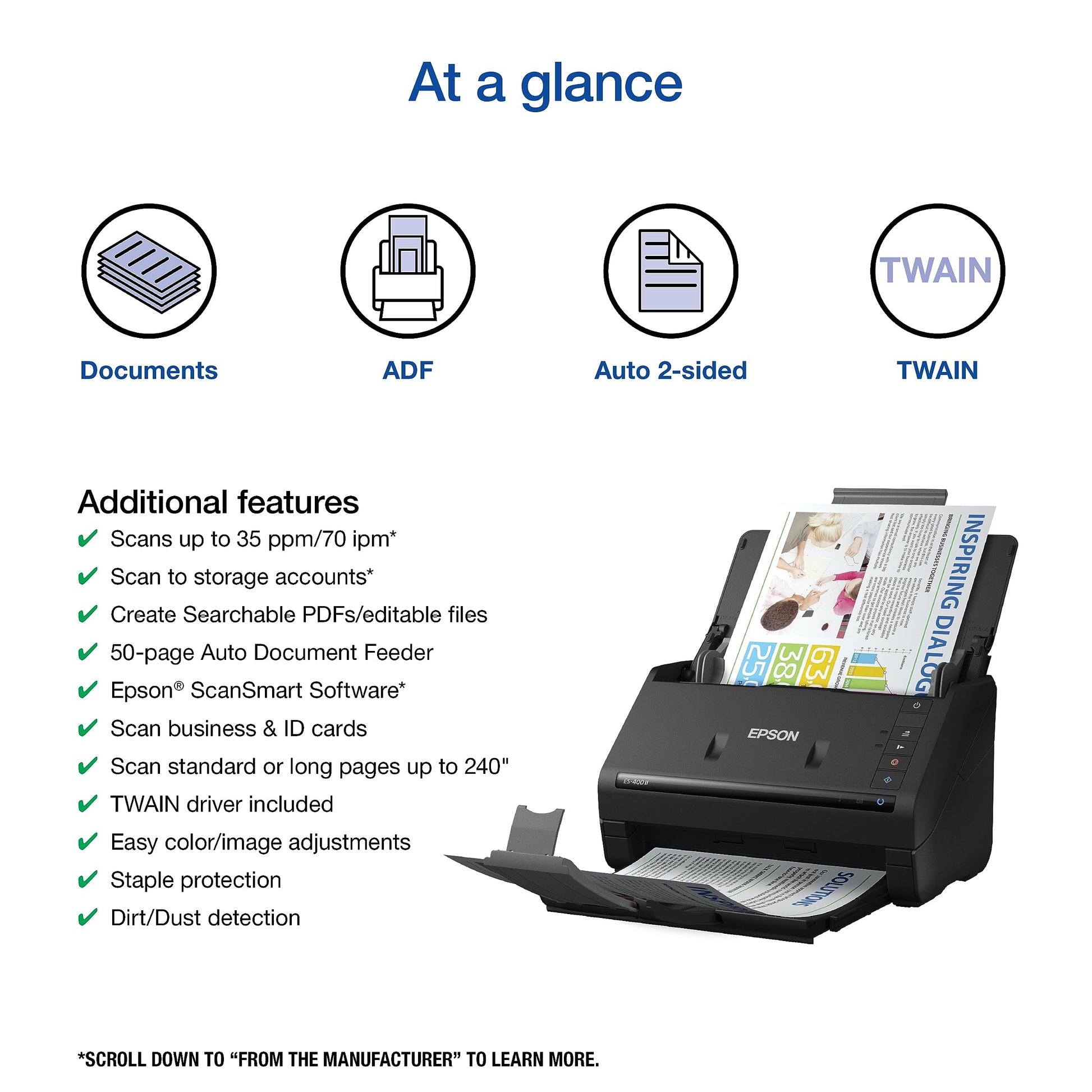 Epson Workforce ES-400 II Color Duplex Desktop Document Scanner for PC and Mac, with Auto Document Feeder (ADF) and Image Adjustment Tools, ES-400 II