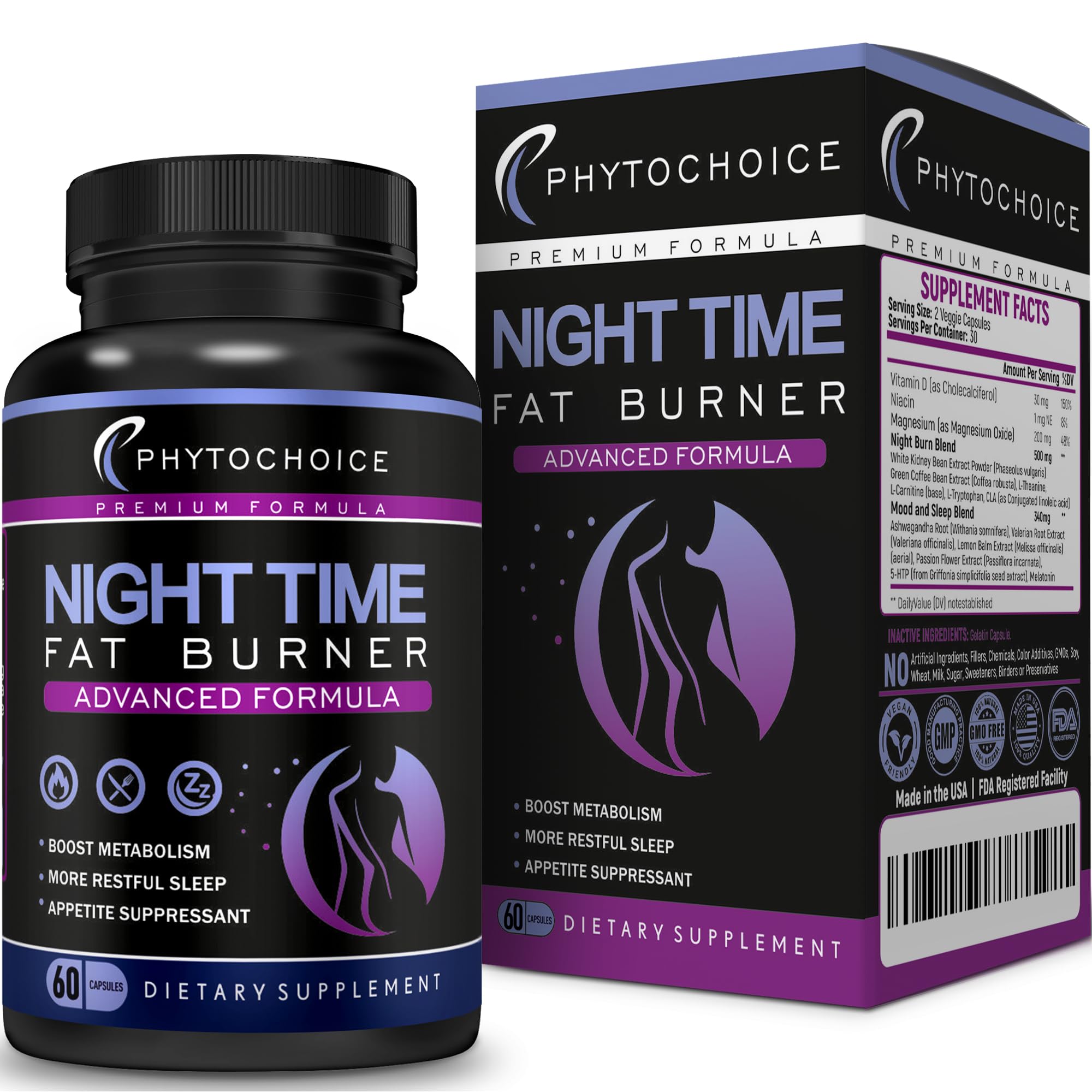 Night Time Fat Burner - Weight Loss Diet Pills with Magnesium Melatonin CLA L-Carnitine that Work at Night, Appetite Suppressant, Carb Blocker, Nighttime Metabolism Booster for Women and Men 60 Caps.
