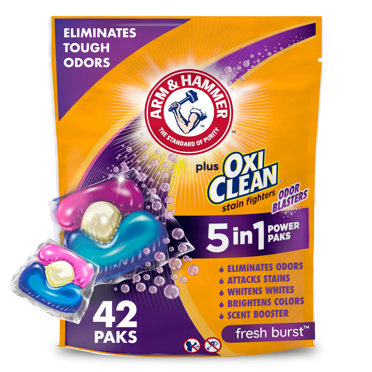 ARM & HAMMER Plus OxiClean mit Odor Blasters 5-in-1 Waschmittel Power Paks, Wäschegeruchsentferner, Beseitigt Gerüche, Bekämpft Flecken, Fresh Burst Duft, 42 Stück