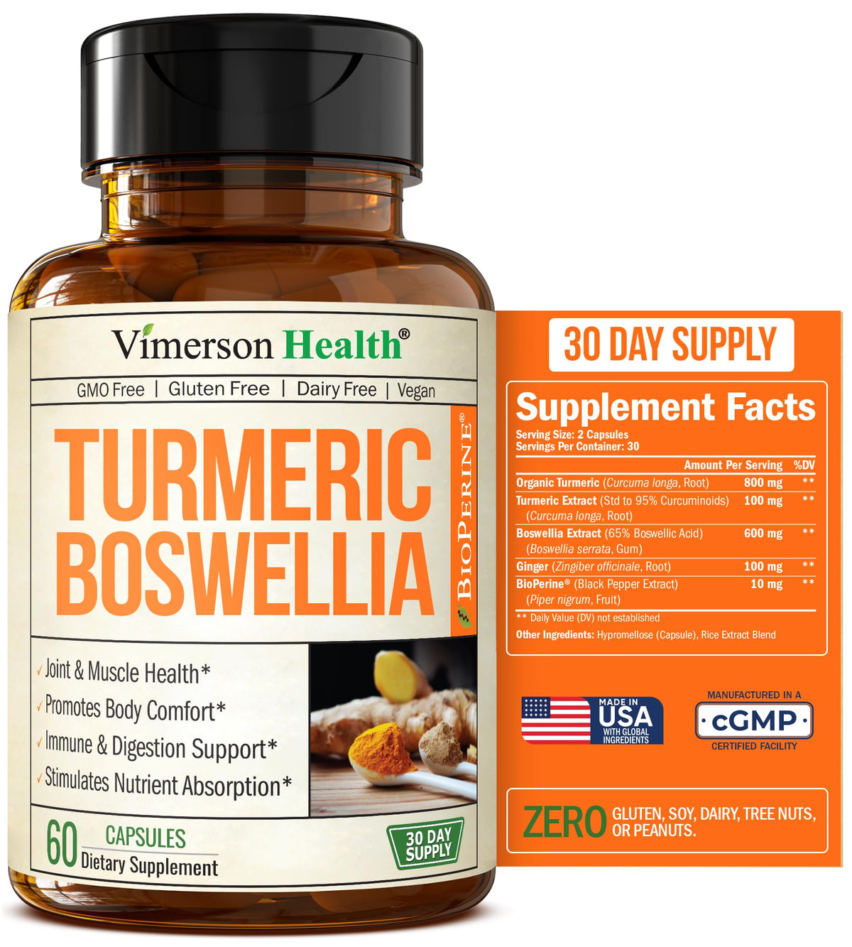 Kurkuma-Curcumin-Ergänzung mit Boswellia Serrata, Ingwerwurzel, Bio-Kurkumapulver & schwarzem Pfeffer – Kurkuma-Ergänzung mit 95 % Curcuminoiden mit Boswellia-Extrakt – 60 glutenfreie Kurkuma-Kapseln