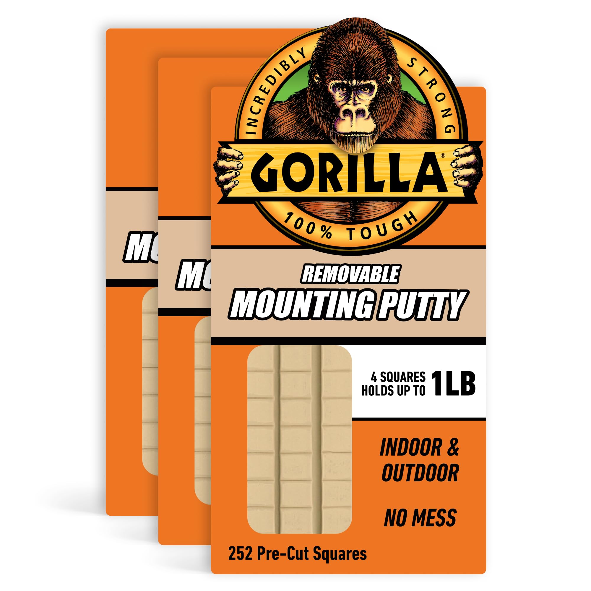Gorilla Mounting Putty, Natural Tan Color, 84 Pre-Cut Squares (Pack of 3) - Non-Toxic Removable & Repositionable Wall Putty