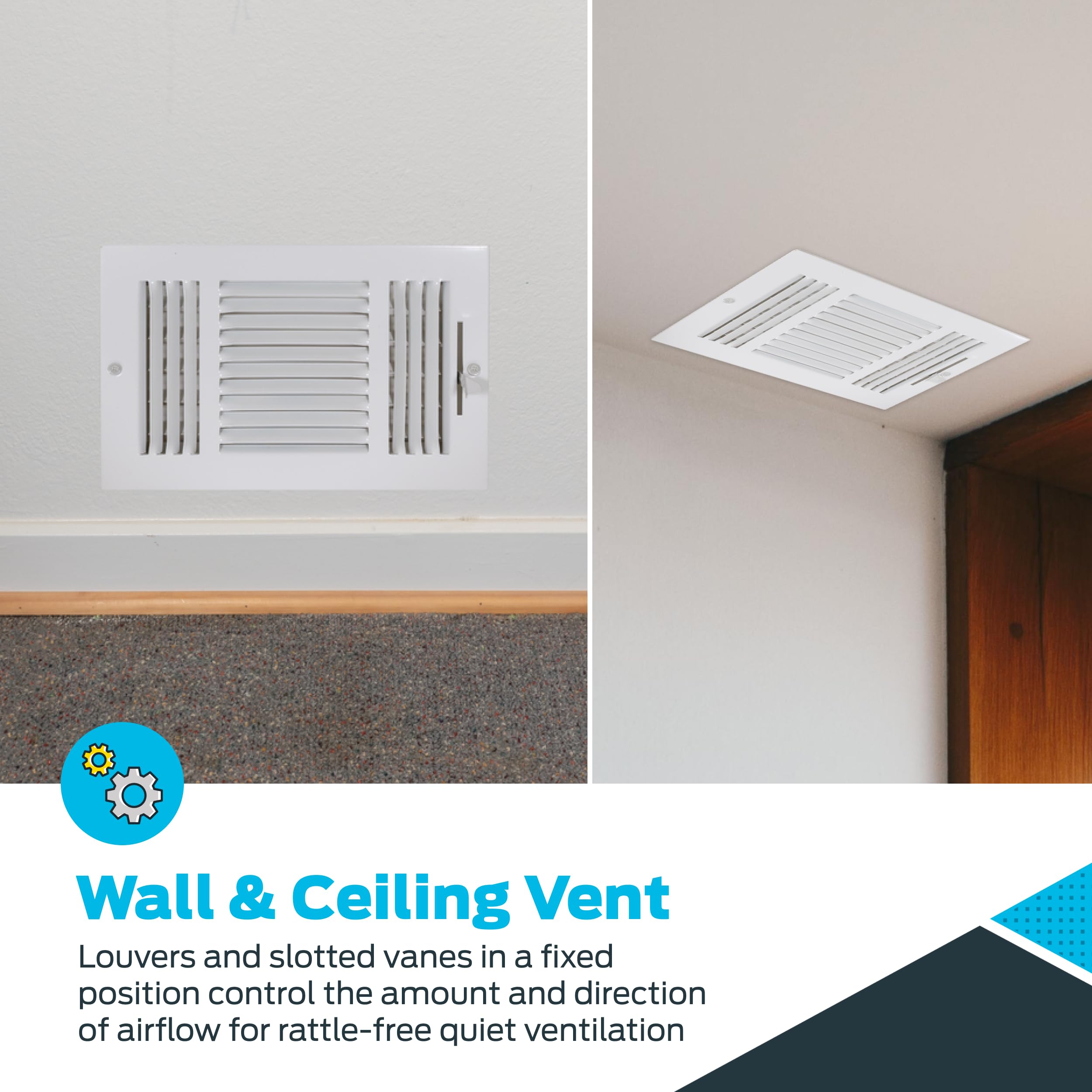 EZ-FLO 10 x 6 Inch (Duct Opening) Air Vent Cover for Wall or Ceiling, Three-Way Ventilation Register, Solid Steel HVAC Register Cover, White, 61614