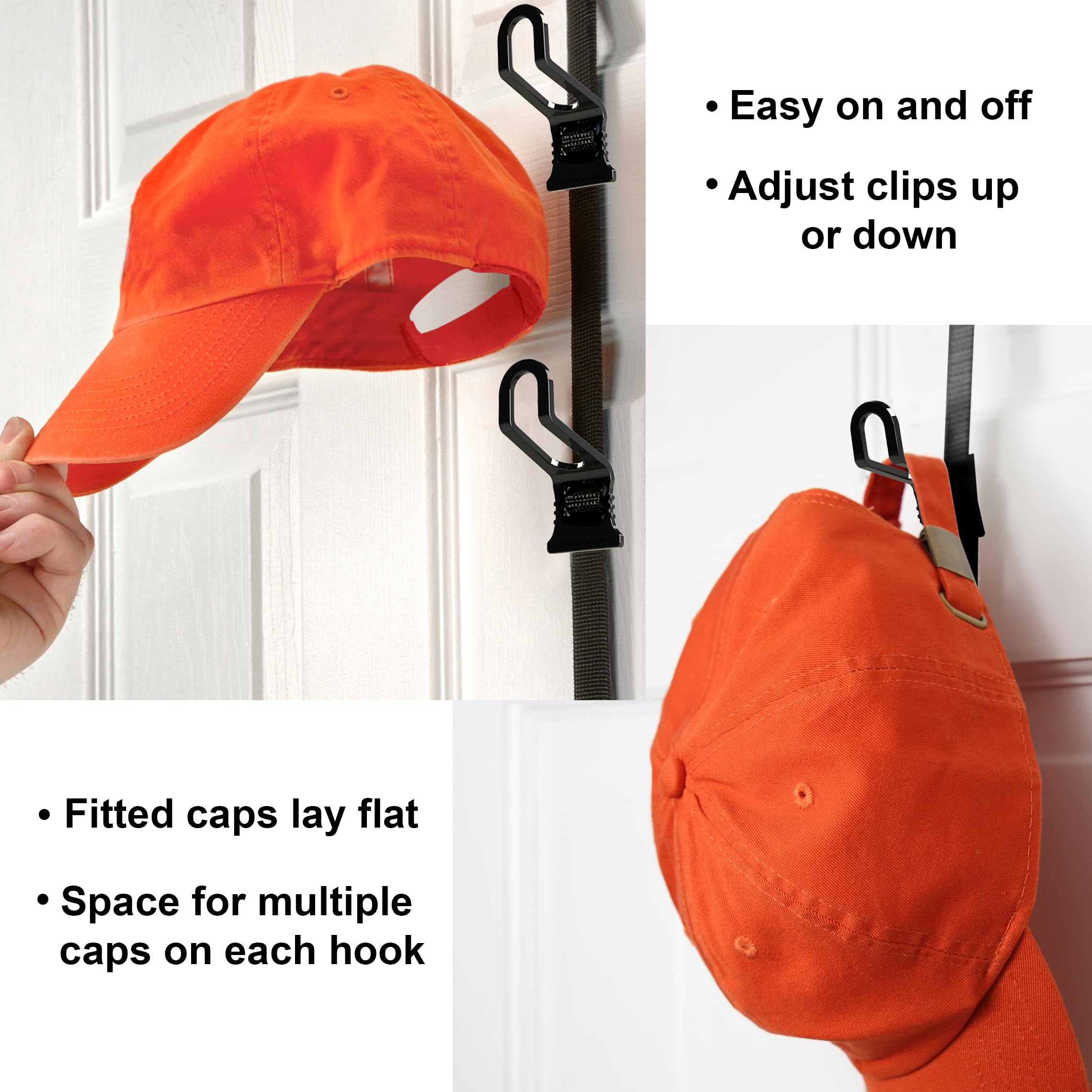 Perfect Curve CapRack | Over-The-Door Hat Organizer for Baseball Caps | 2 Straps, Holds 18-36 Adjustable Caps | Black