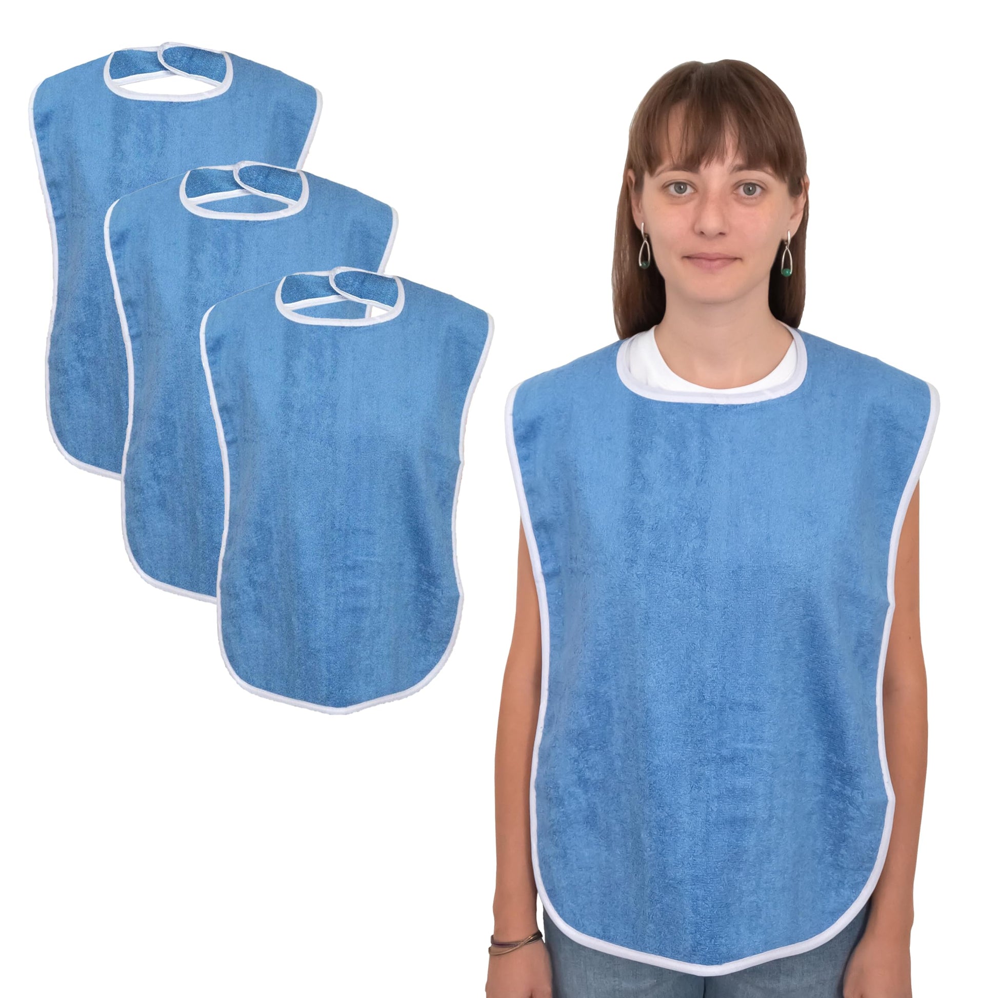 Elaine Karen 3 Pack Premium Adult Bibs - bibs for adults Men, Women; Eating Cloth for Elderly Seniors and Disabled, Adjustable, Terry bib Clothing Protectors, Machine Washable, Blue