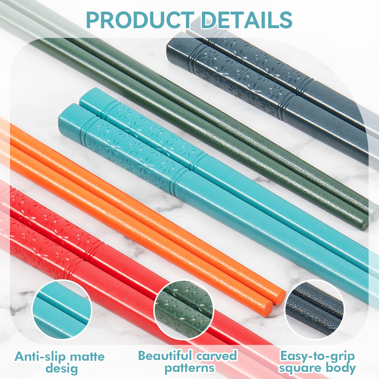 LIANGKEN 5 Pairs Dishwasher Safe Fiberglass Chopsticks Set,9.5 Inch Reusable Japanese Chinese Chopsticks , Non-Slip, Easy to Use (colorful ) (9.5 inch, colorful)