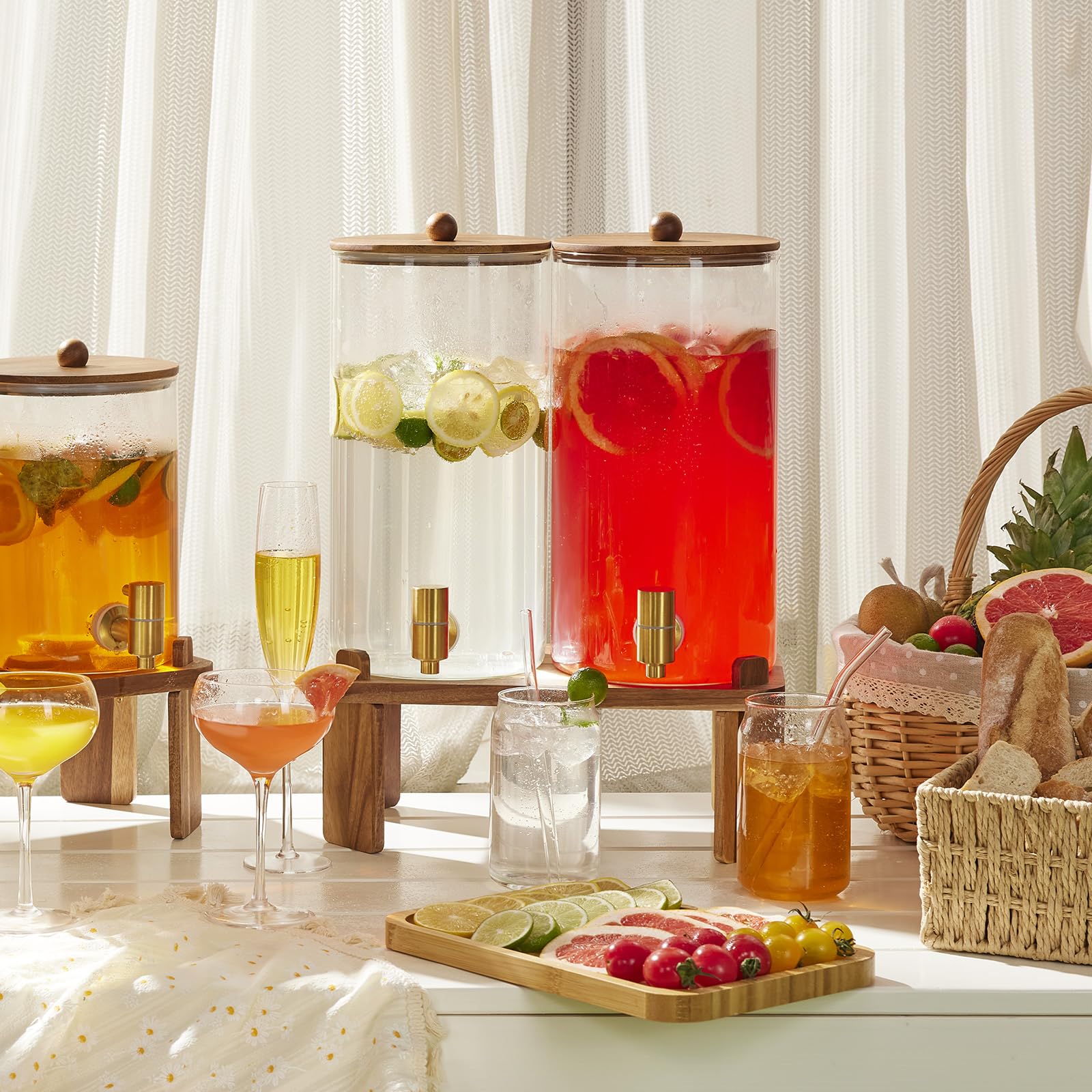 2 PCS 1.5 Gallon Drink dispenser, Glass Beverage Dispenser With Wood Stand, Large Water Drink Dispensers for Parties With Stainless Steel Spigot, Ideal for Lemonade,Juice, Tea, and Party Drinks