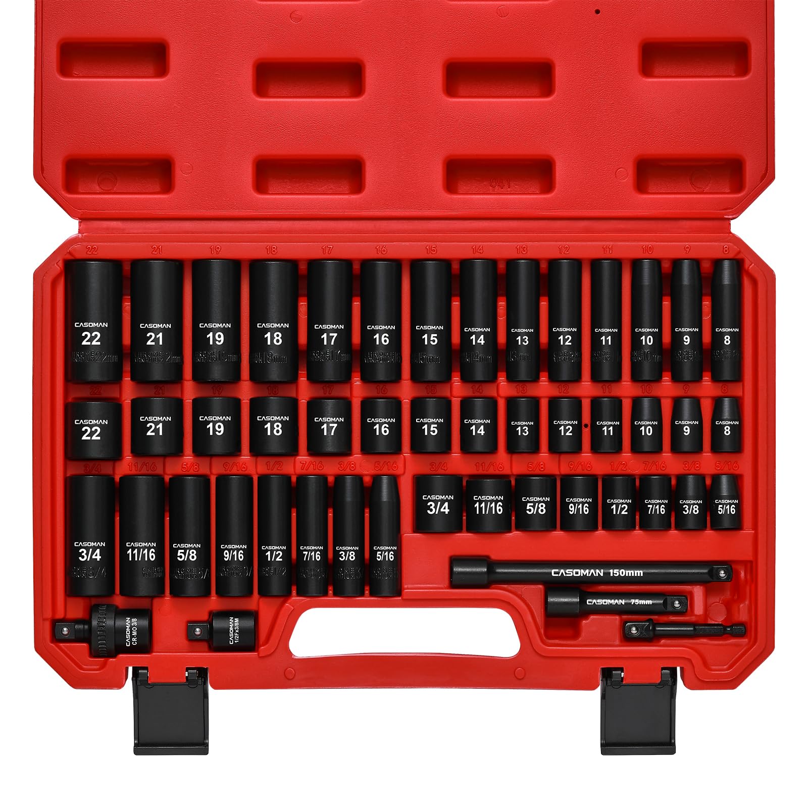 CASOMAN 3/8" Drive Impact Socket Set, 49 Piece Standard SAE and Metric Sizes (5/16-Inch to 3/4-Inch and 8-22 mm), 6 Point, Cr-V Steel Socket Set