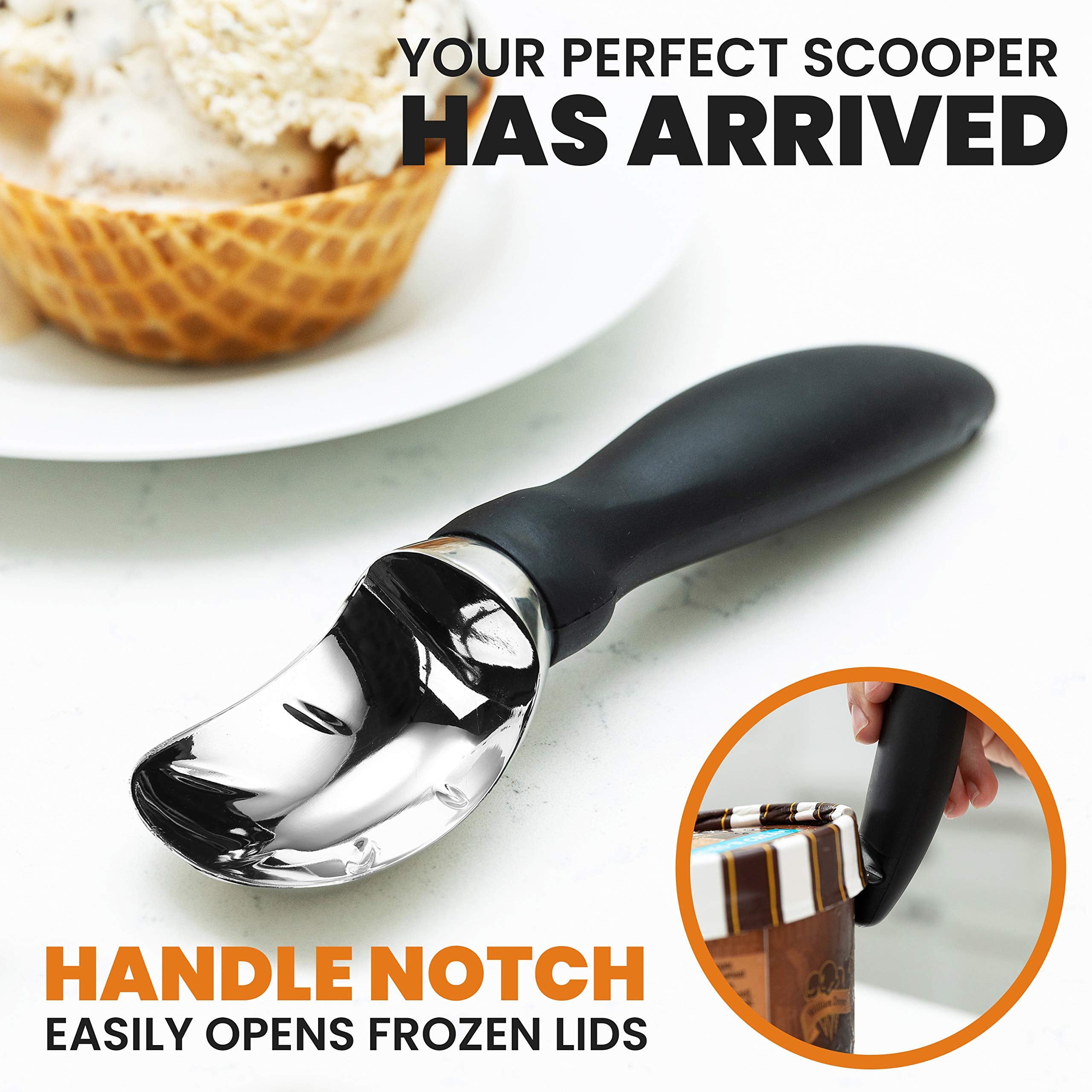 Spring Chef Heavy Duty Ice Cream Scoop with Comfortable Handle - Professional Ice Cream Scooper for Gelato, Sorbet, Cookie Dough, Melon, Frozen Yogurt - Dishwasher Safe Metal Kitchen Tool - Black