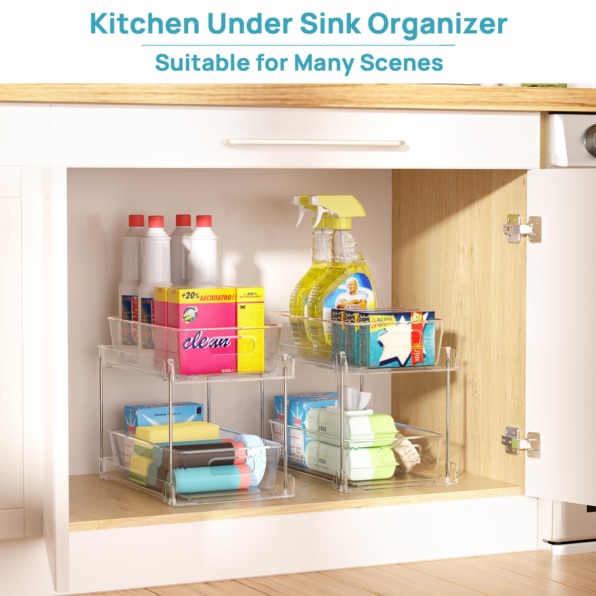 Vtopmart 4 Pack Bathroom Organizer, 2 Tier Clear Under Sink Organizers Vanity Countertop Storage Container,Cabinet Drawers Bins, Pull-Out Organization with Track for Pantry, Kitchen