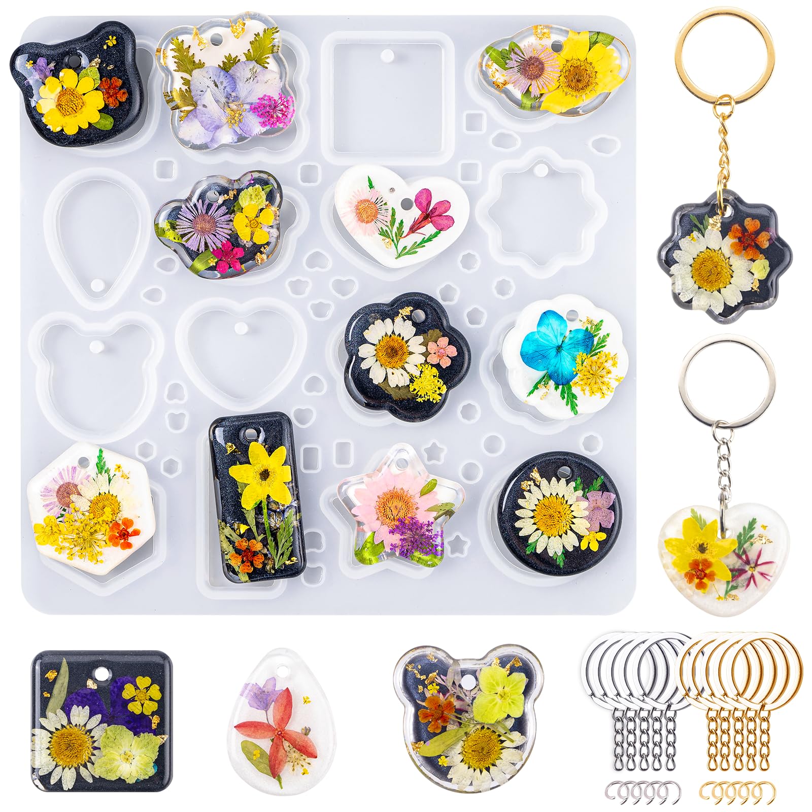 LET'S RESIN Keychain Resin Molds Silicone with Hole, 16 Cavities UV Resin Jewelry Pendant Mold for Beginner, Epoxy Resin Molds for Keychain Pendant Jewelry Making