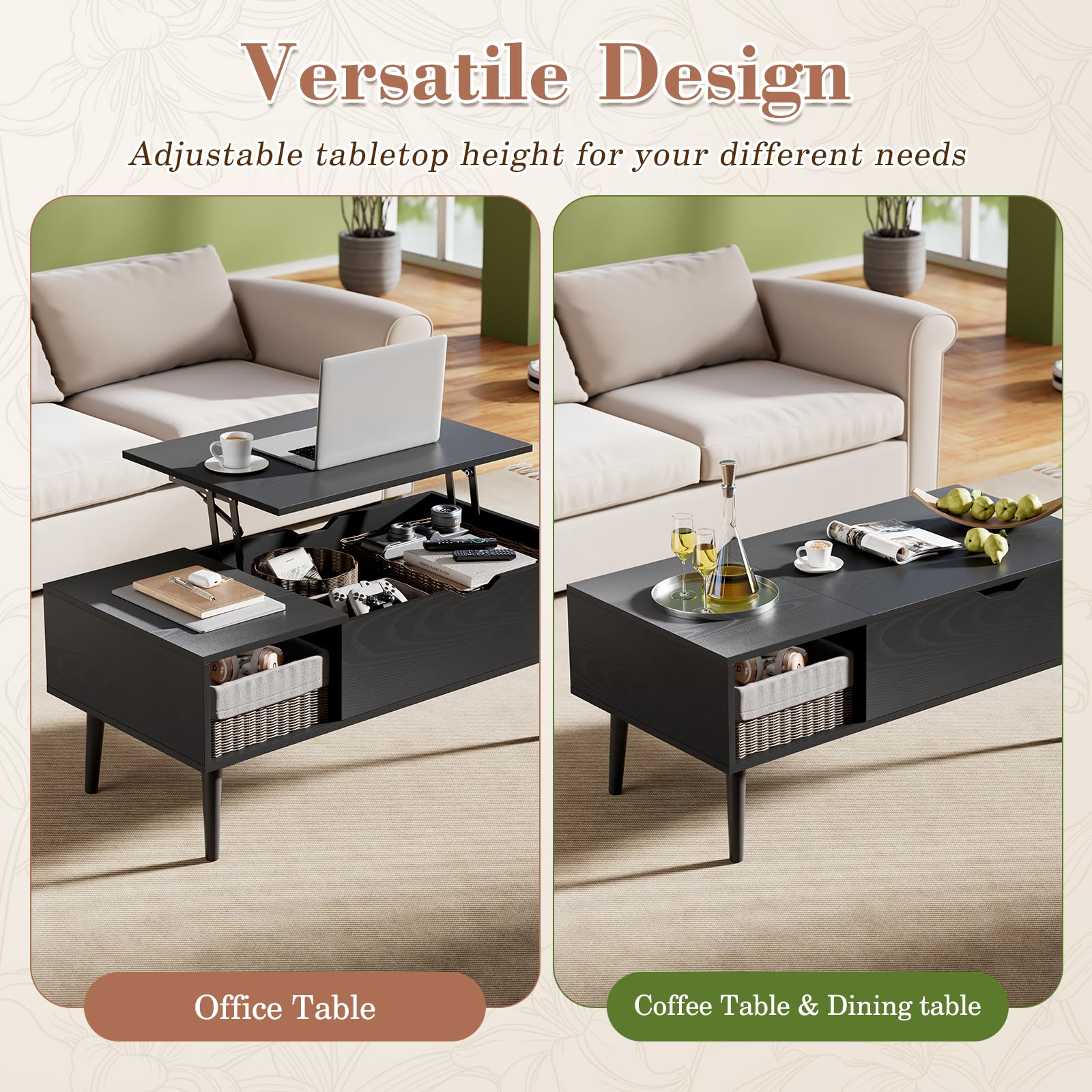 OLIXIS Wood Lift Top Coffee Table with Hidden Compartment and Large Storage Shelf, Lift Tabletop Dining Center Table for Home Living Room Office, Black