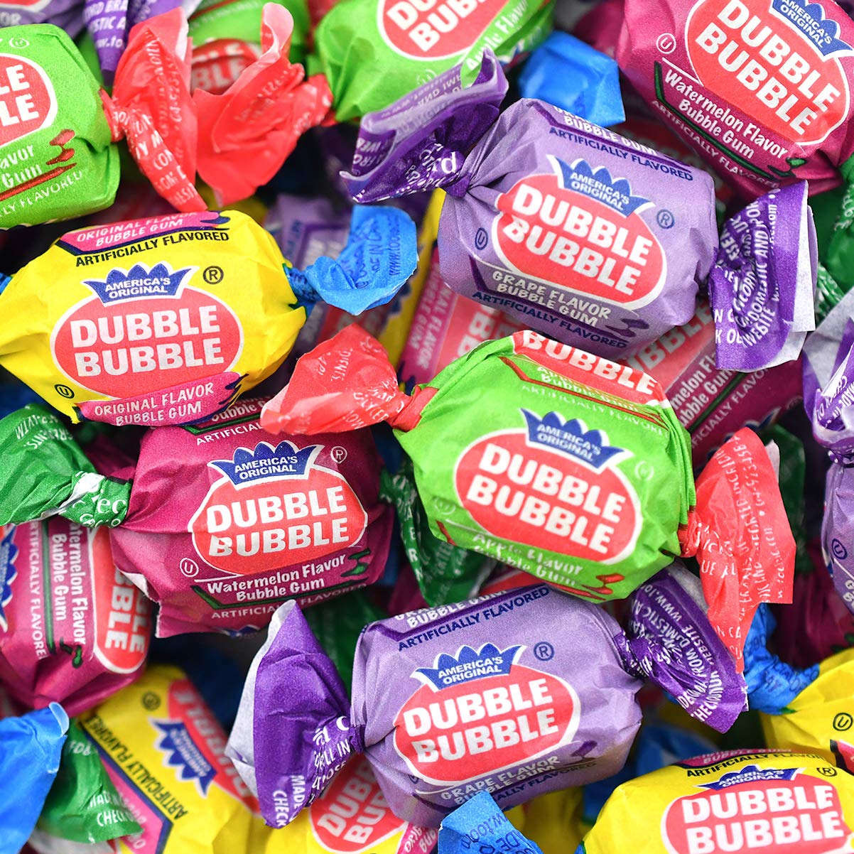 Tootsie Roll Dubble Bubble Gum - 300 Count Resealable Tub of Individually Wrapped Fruit and Bubble Gum - Original, Watermelon, Apple and Grape Flavors - Peanut and Gluten Free, 47.6 Ounce