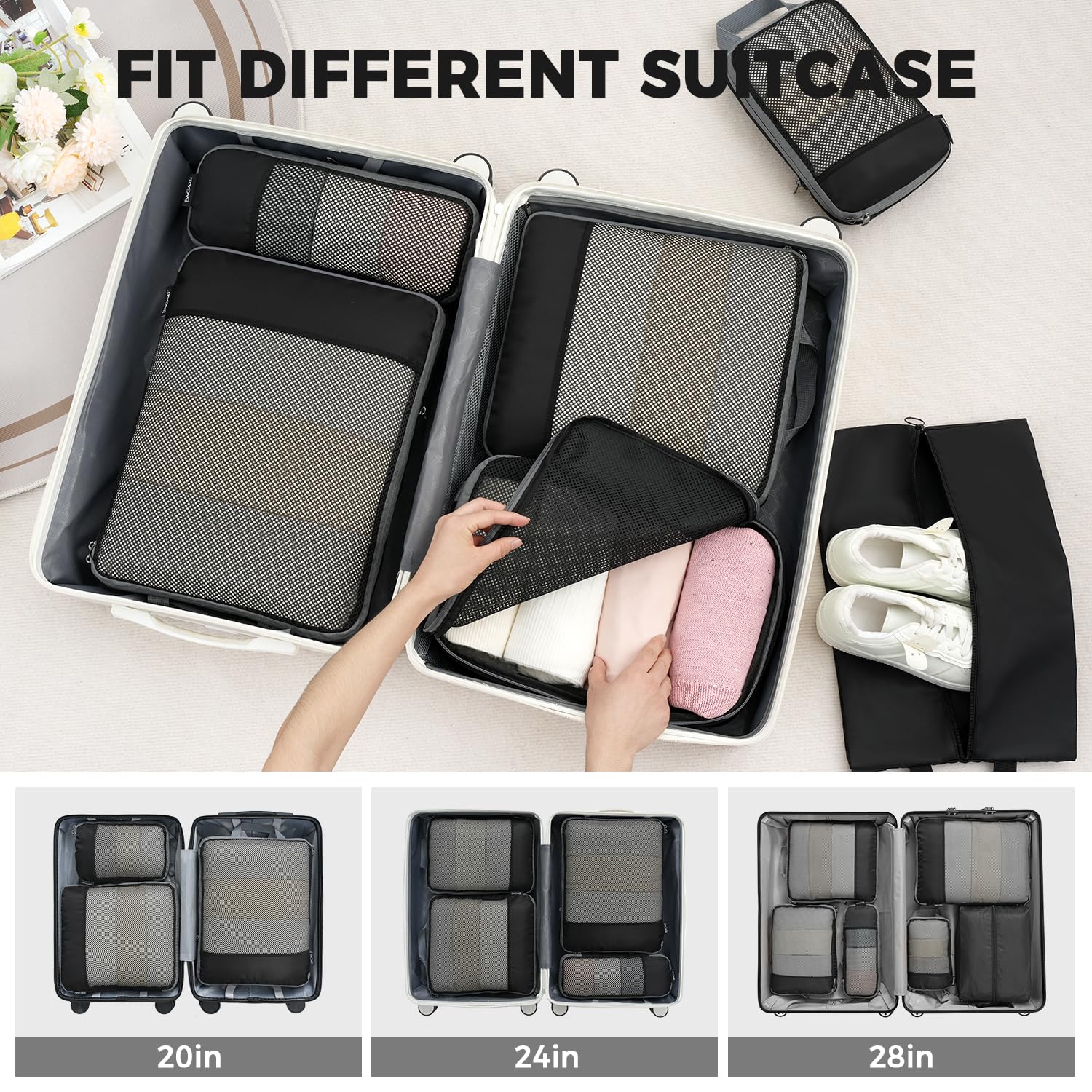 BAGAIL 4 Set/6 Set/8 Set Compression Packing Cubes Travel Accessories Expandable Packing Organizers (Half Mesh, 6-Black)