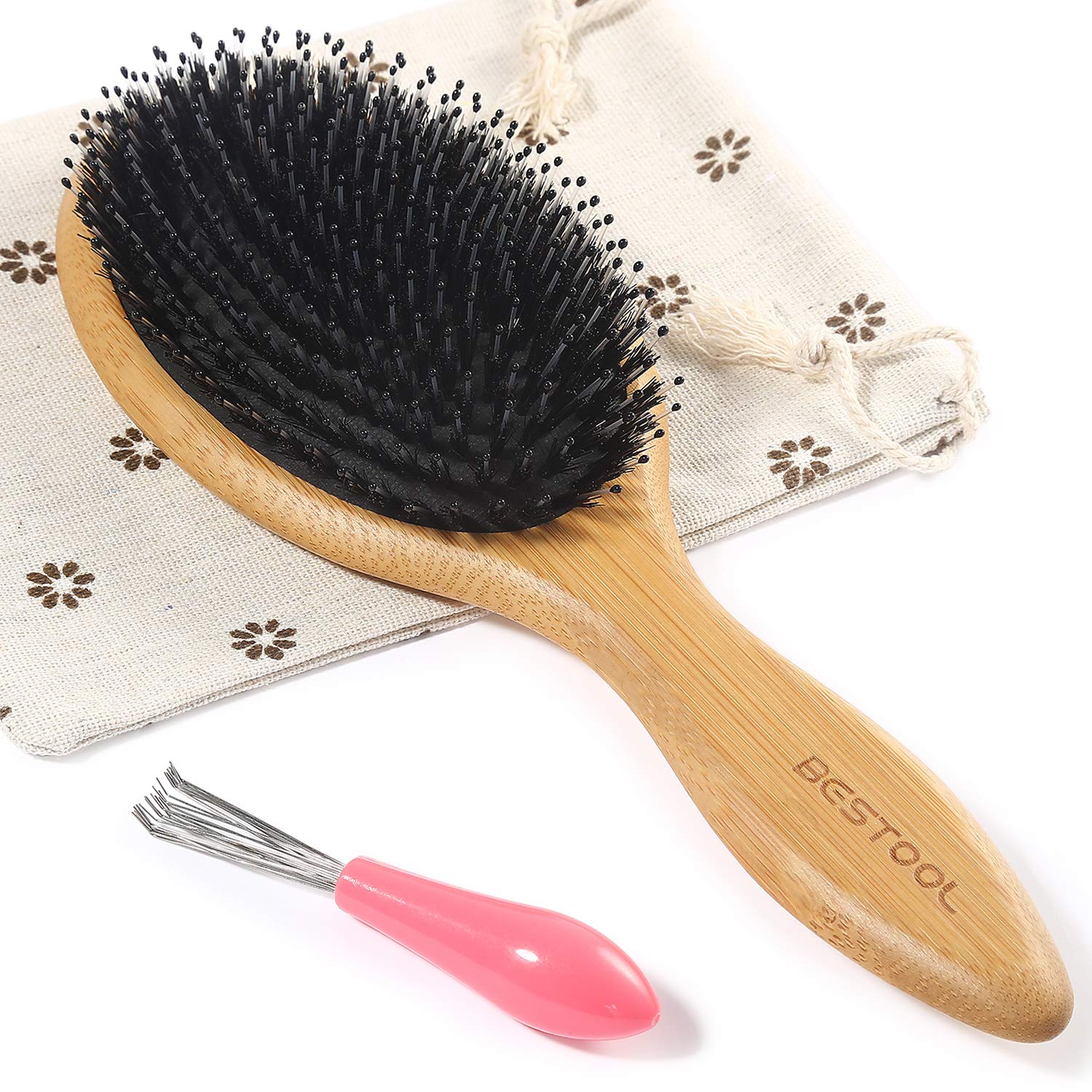 BESTOOL Haarbürste – Wildschweinborsten Haarbürsten Natürliche Bambus-Holzpolsterung Massage Antistatische große Paddelbürste für Frauen, Männer und Kinder (Rund)