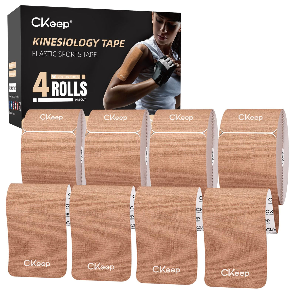 CKeep 4 Rolls Kinesiology Tape, Original Cotton Elastic Athletic Tape, 20 Precut 10" Strips Each, Beige, Ideal for Muscle Support & Injury Prevention