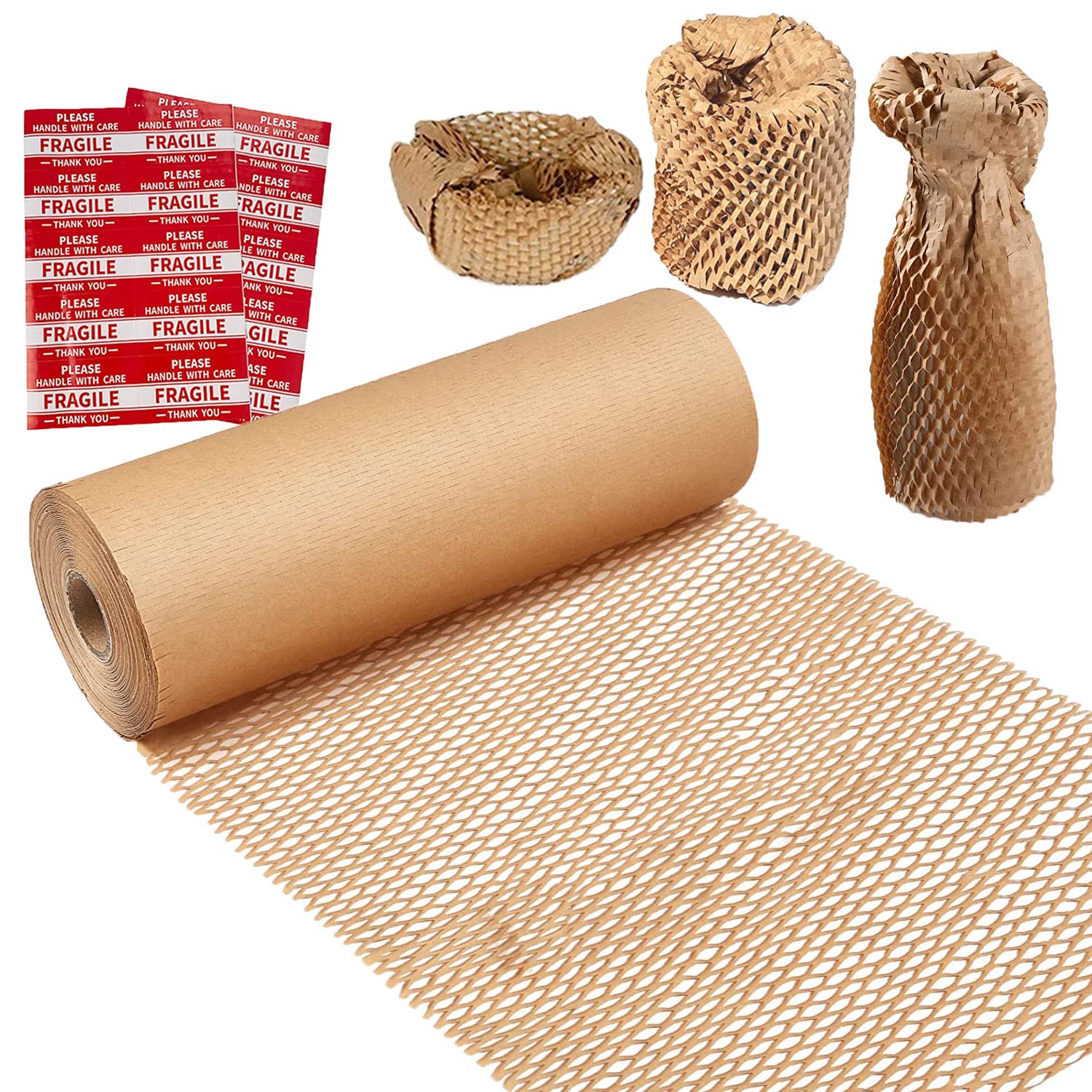 Waben-Packpapier, 30,5 cm B x 61 m L Luftpolsterfolie für Umzüge, Produkte & Geschenke, recycelbares und biologisch abbaubares Polster-Verpackungsmaterial mit 20 zerbrechlichen Aufklebern