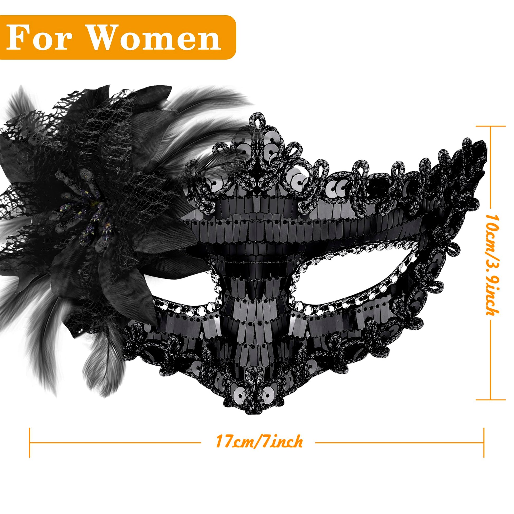 SIQUK Couple Masquerade Masks Sequins Venetian Party Plastic Halloween Costume Rhinestone Mardi Gras Mask for Women and Men, Black