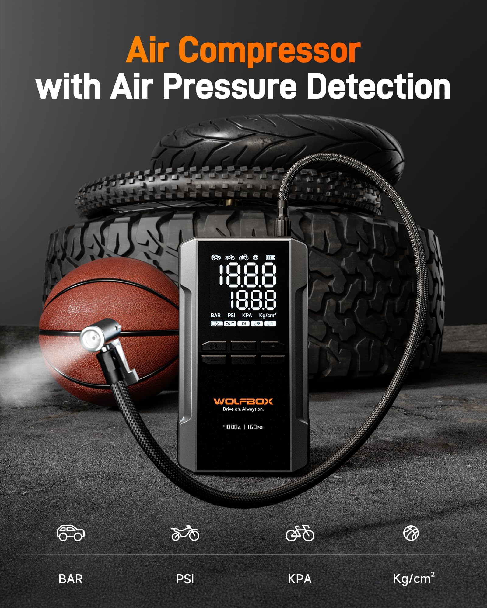 WOLFBOX 4000A Jump Starter with 160PSI Air Compressor, 12V Car Battery Booster, 65W Fast Charge, 24000mAh Portable Tire Inflator, LED Display for 10L Gas & 10L Diesel Engines, LED Light, Jumper Cables