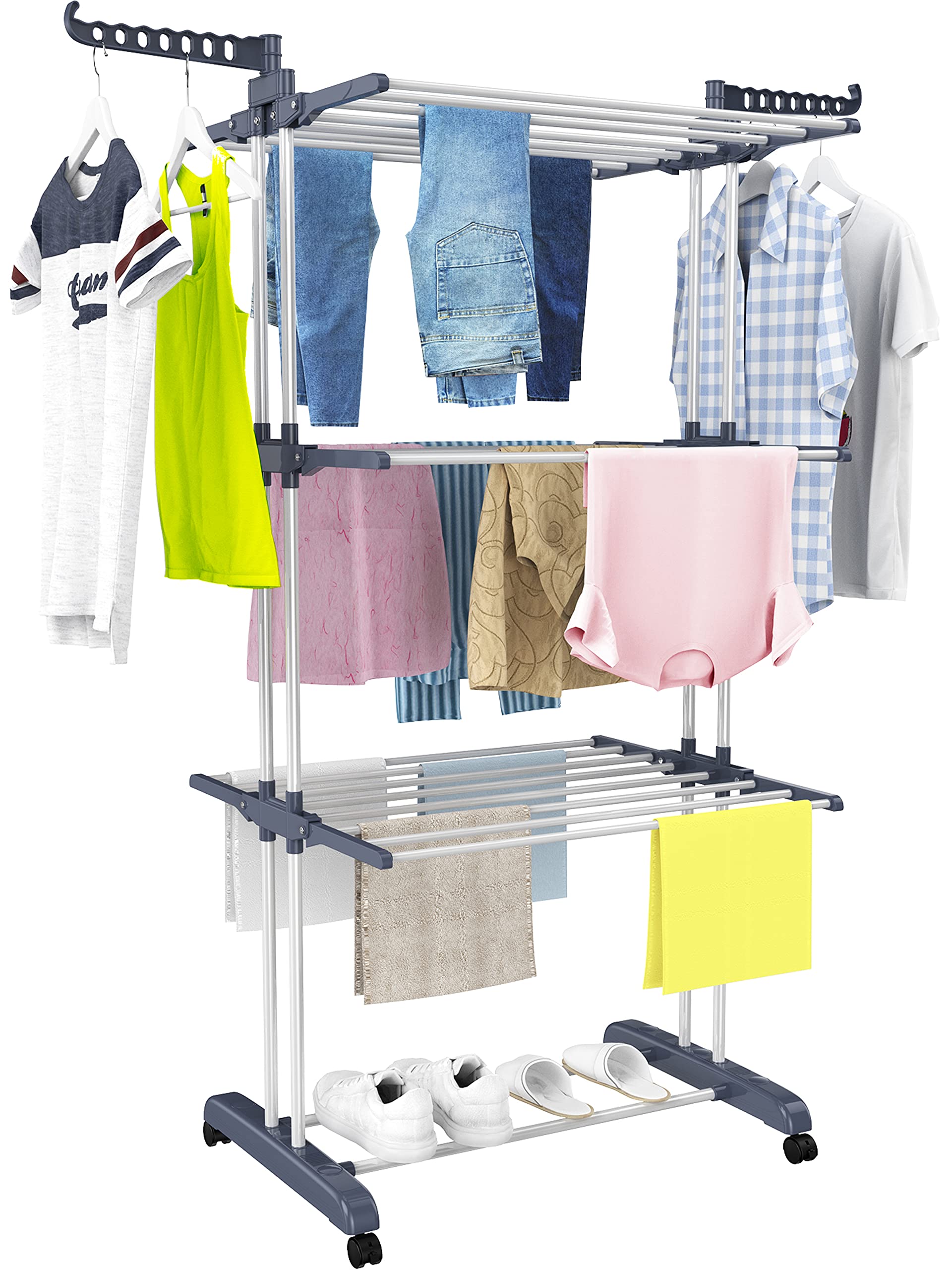 HOMIDEC Clothes Drying Rack, Oversized 4-Tier(67.7" High) Foldable Stainless Steel Drying Rack Clothing, Movable Drying Rack with 4 castors, 24 Drying Poles and 14 Hooks for Bed Linen, Clothing, Grey