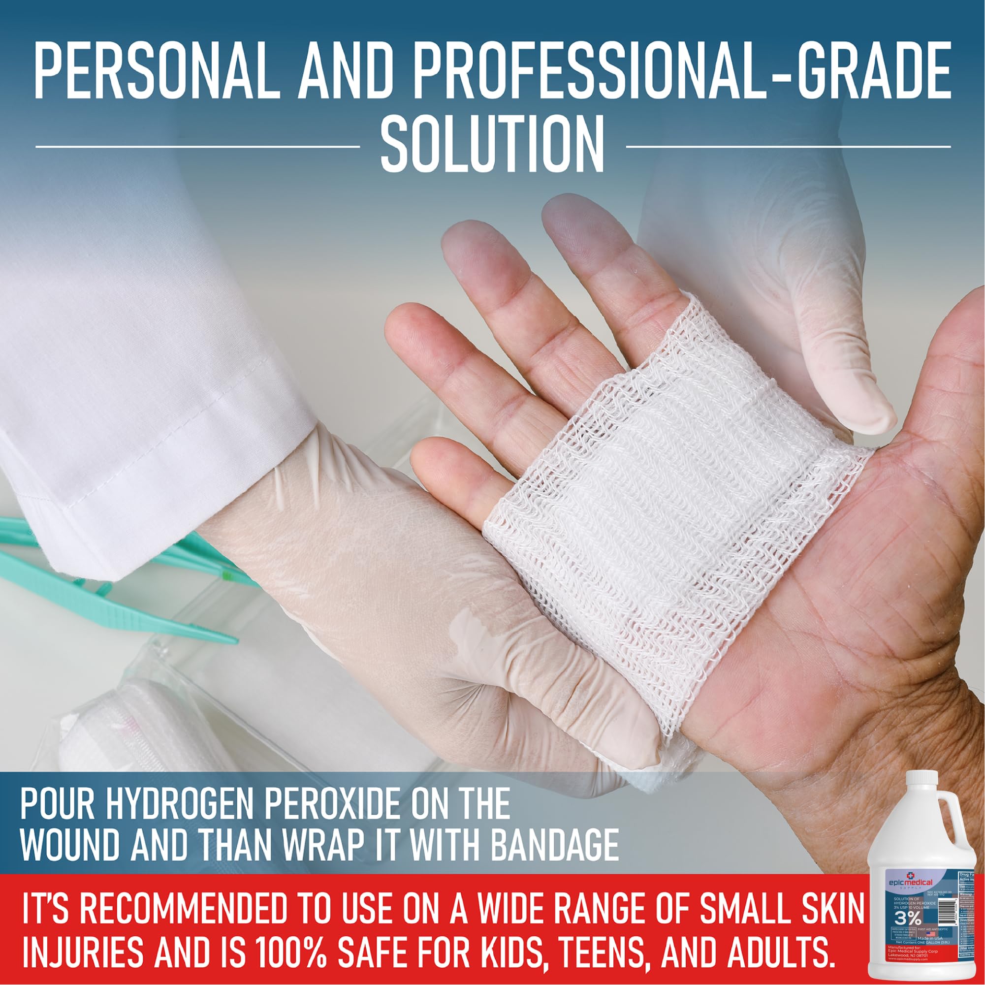 Epic Medical Supply 3% Hydrogen Peroxide - First Aid Antiseptic & Multipurpose Cleaner - Topical Wash for Cuts, Scrapes and Minor Cuts - H2O2 Hydrogen Peroxide 3 Percent USP Solution (1 Gallon)