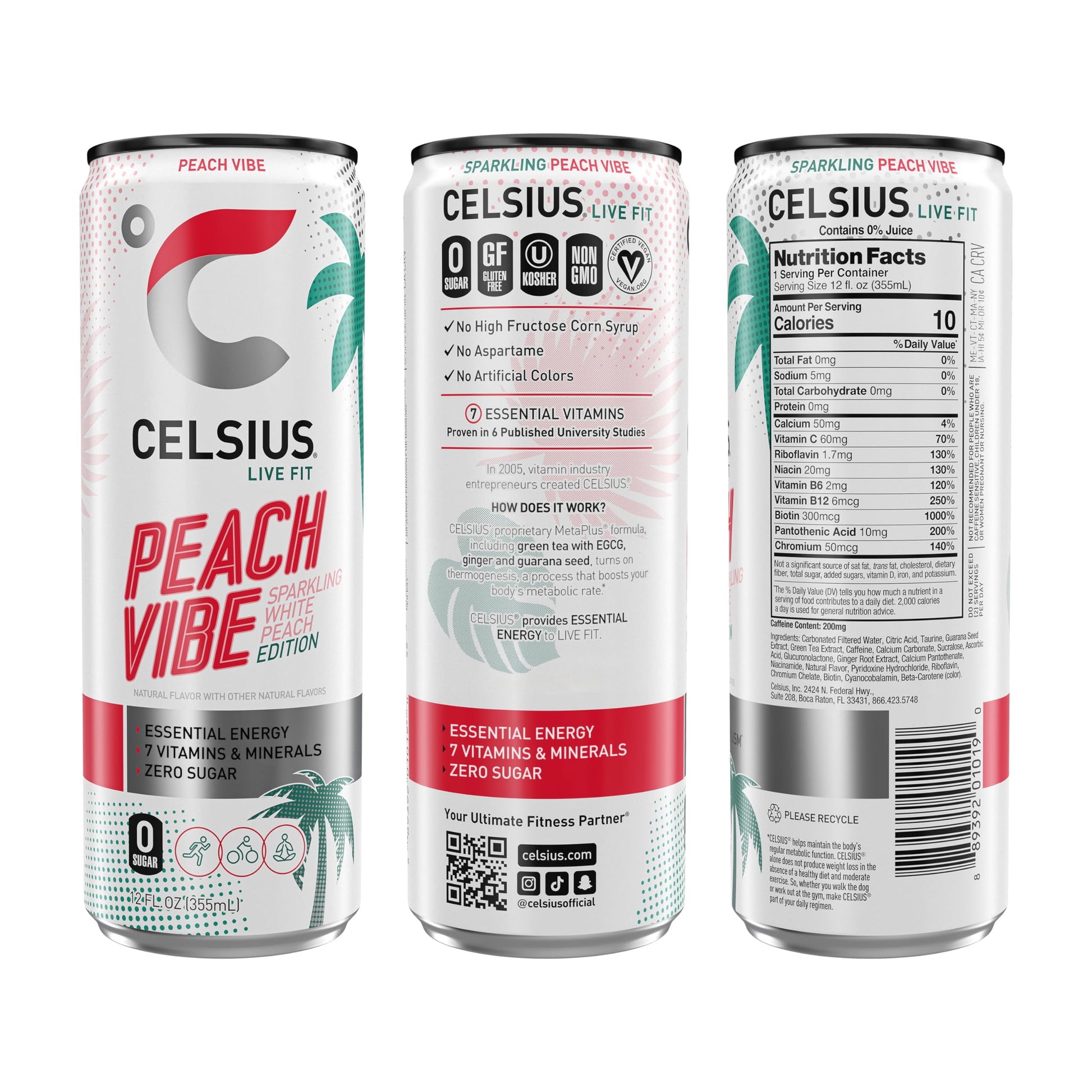 CELSIUS Sparkling Peach Vibe, Functional Essential Energy Drink 12 Fl Oz (Pack of 12)