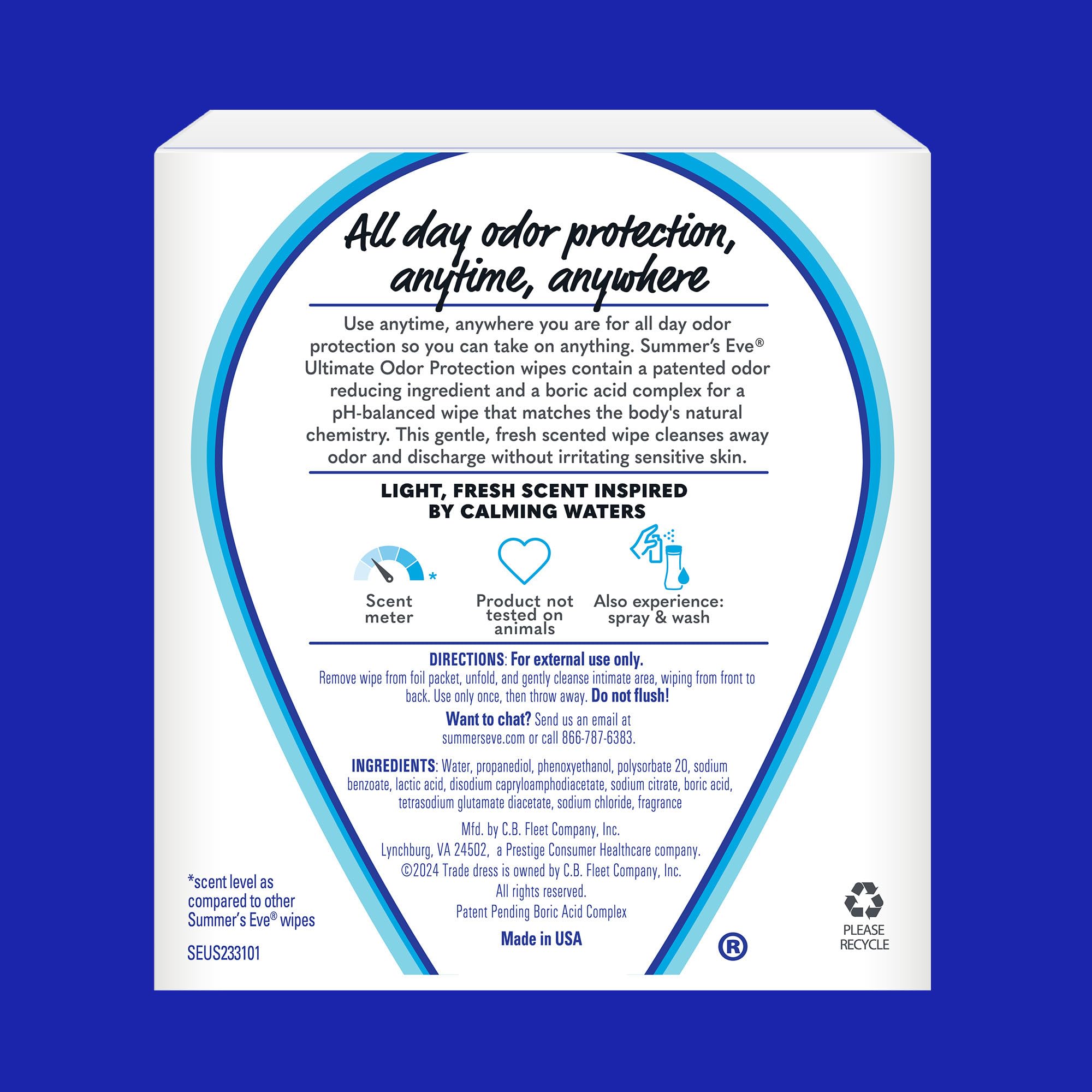 Summer's Eve, Ultimate Odor Control, Daily Feminine Wipes with Boric Acid, Removes Odor, On-the-go Body Wipes with pH Balance, 12 ct