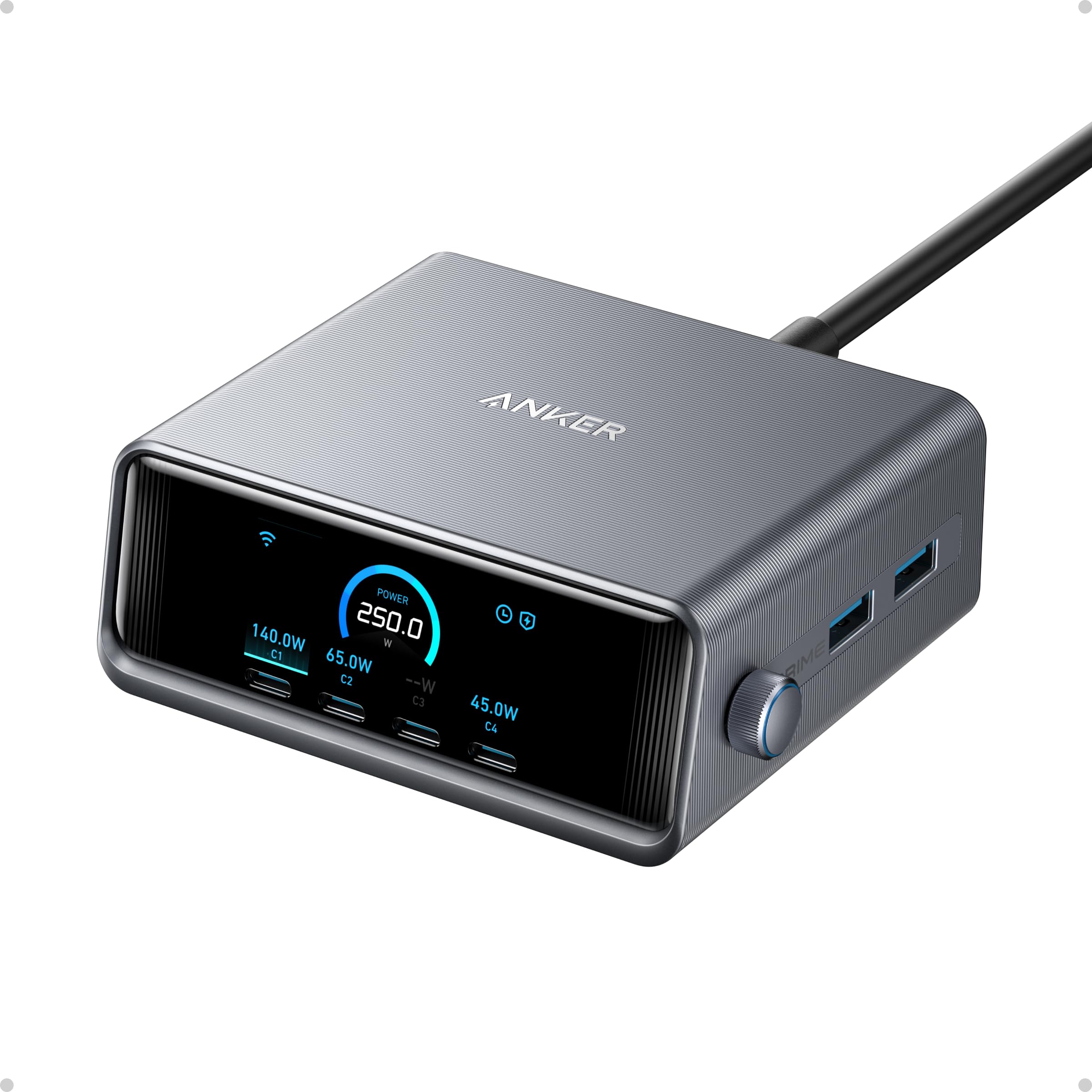 شاحن Anker Prime، محطة شحن USB C GaN Prime بقوة 250 واط، فائقة السرعة 6 منافذ، شاشة LCD بحجم 2.26 بوصة وعجلة تحكم ذكية، متوافقة مع MacBook Pro/Air وiPhone 16/15/14 وGalaxy والمزيد (فضي)