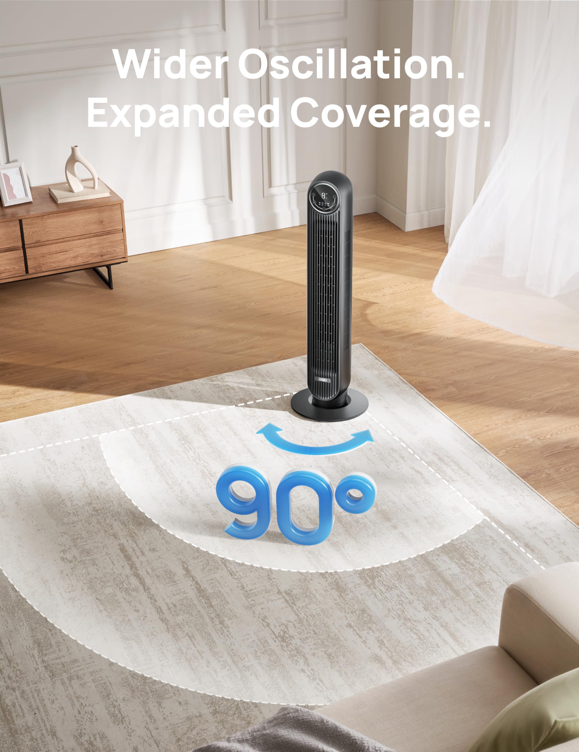 Dreo Tower Fan for Bedroom, 25ft/s Velocity Quiet Floor Fan, 90° Oscillating Fans for Indoors with 4 Speeds, 4 Modes, 8H Timer, Standing Fans, Bladeless Fan, Black, Nomad One (DR-HTF007)