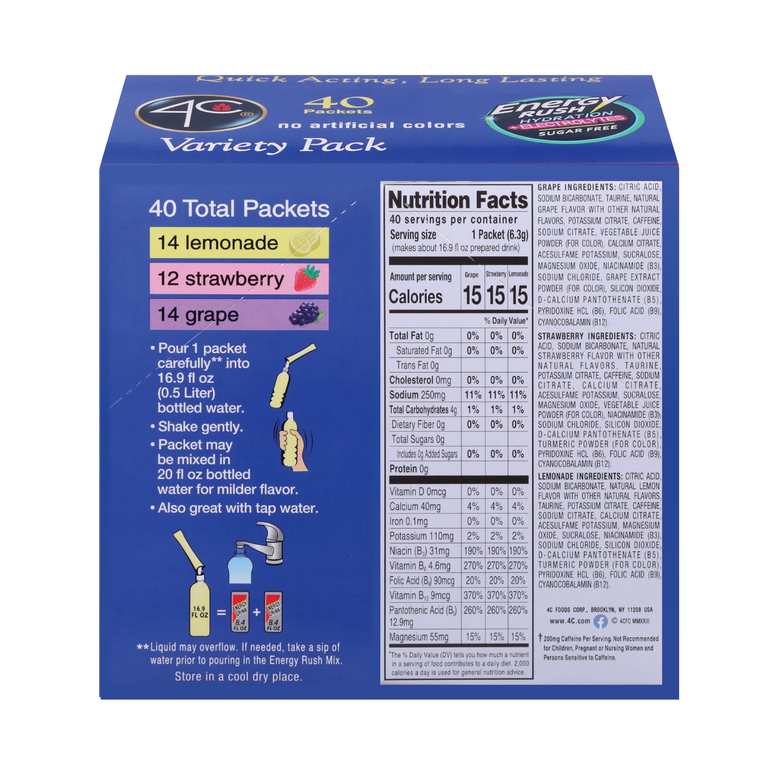 4C Energy Rush PSD with Electrolytes Variety Pack Stix, 40 ct (14 Lemonade, 12 Strawberry/14 Grape)