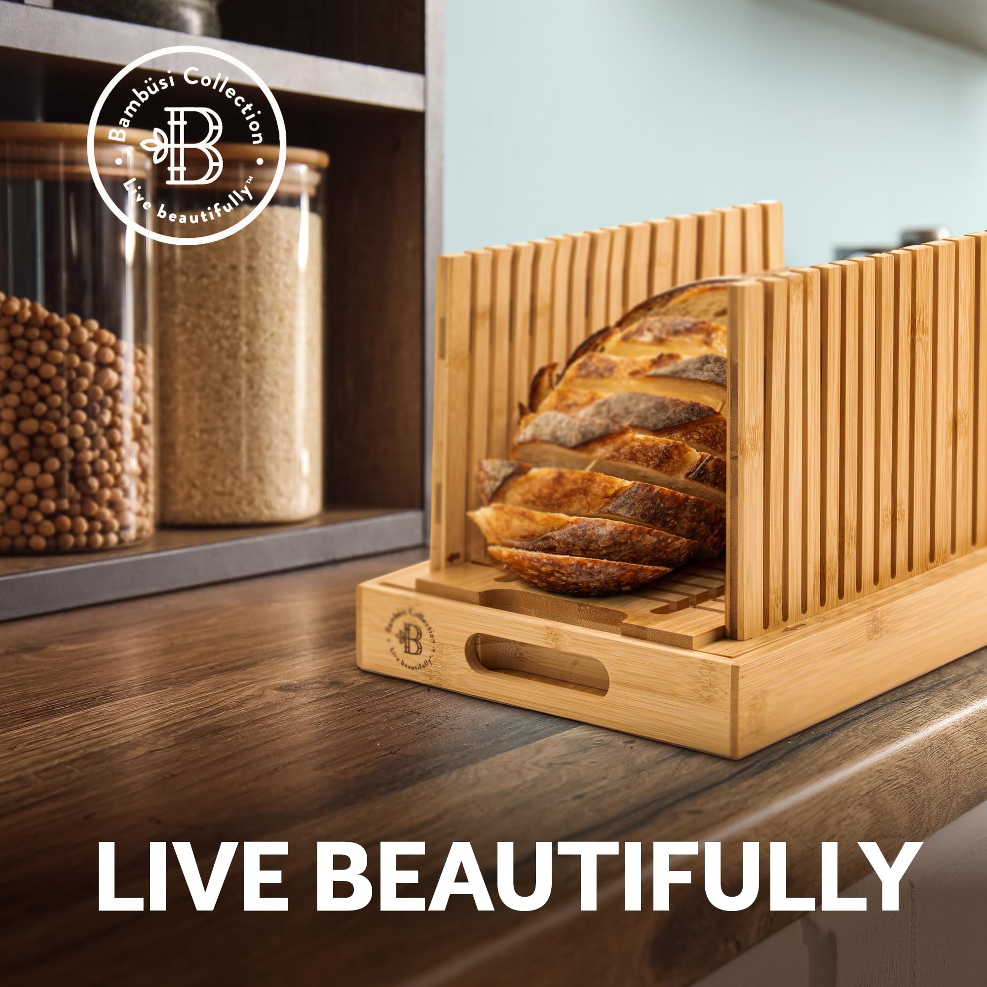 Bread Slicer for Homemade Bread - BAMBUSI New Upgrade Bamboo Bread Cutter with Adjustable Width, Foldable Compact Slicing Guide and Crumb Tray - Bread Cutter for Loaf, Cake, Bagels - Gift for Bakers