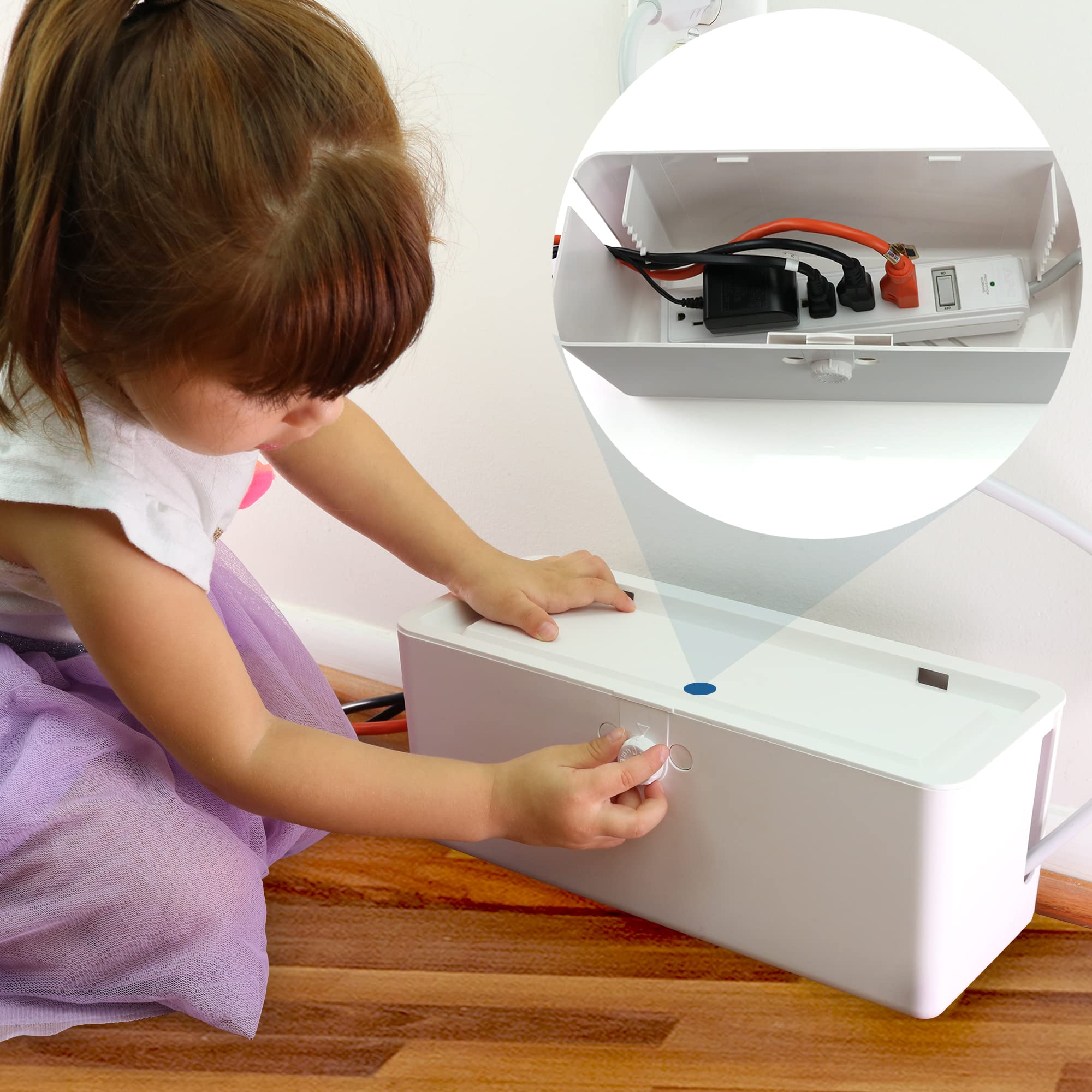 Power Strip Cover Box - Effectively Baby Proofs Power Strip with Patented Dual Lock. Convenient Side Openings for Cords & Cables. Protects Small Hands & Fingers
