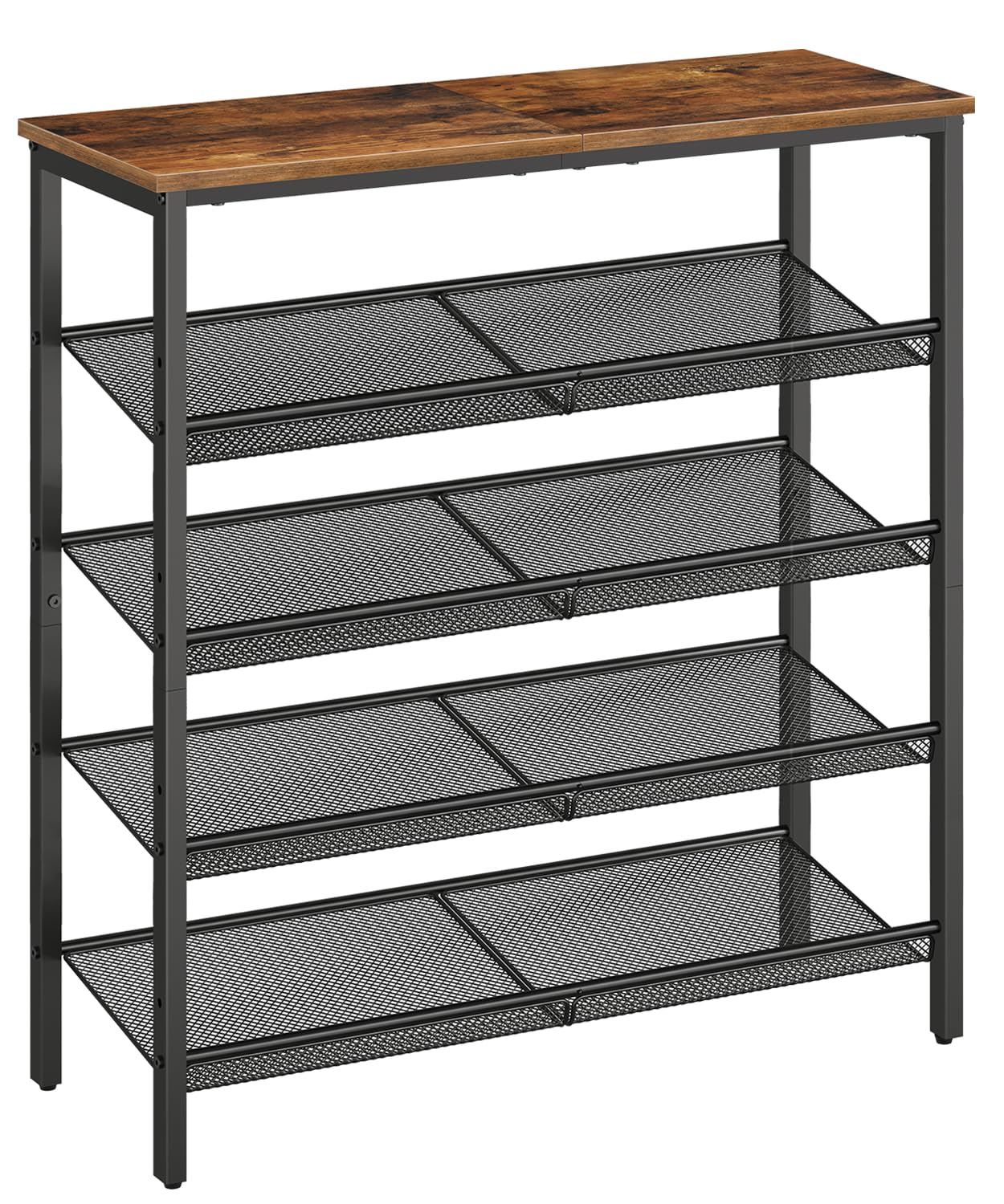 HOOBRO Schuhregal für den Eingangsbereich, 5-stufiger Schuh-Organizer mit verstellbaren Netzablagen, 16-20 Paar Schuhe, geräumige Bodenmontage, Metall, Industrial, Schuhablage für den Schrank, Rustikales Braun BF12XJ01
