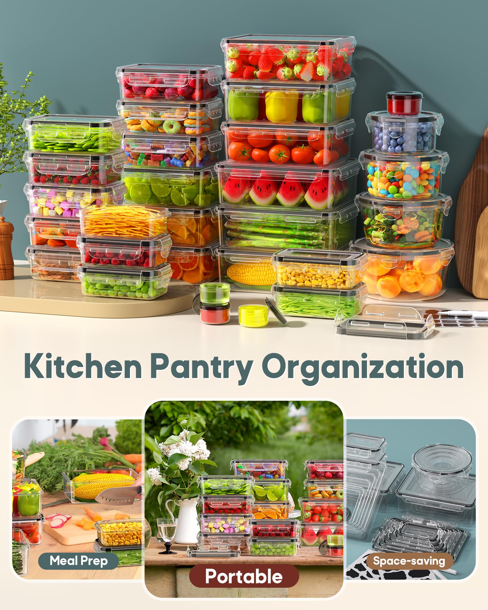 60 PCS Food Storage Containers with Lids Airtight, Total 718oz Leakproof Containers Set for Kitchen Storage, Meal Prep, Reusable Plastic, Microwave/Dishwasher Safe, Extra Labels & Pen
