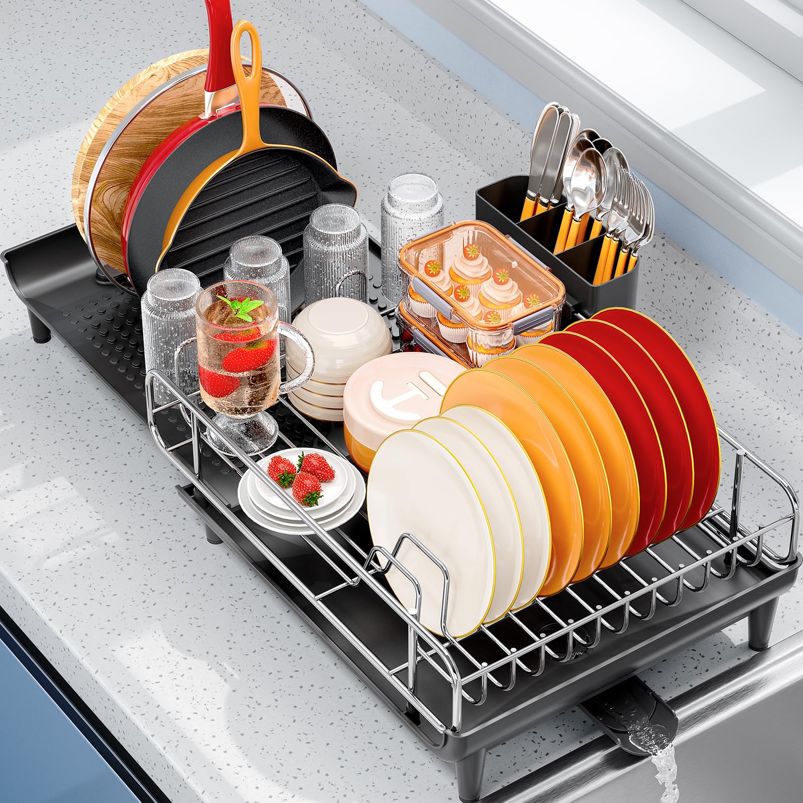 TOOLF Expandable Dish Rack, Dish Drying Rack for Kitchen Counter, Foldable Dish Dryer Rack, Stainless Steel Dish Drainer Racks with Cutlery Holder, Collapsible Dish Drying Racks Large Size,Black