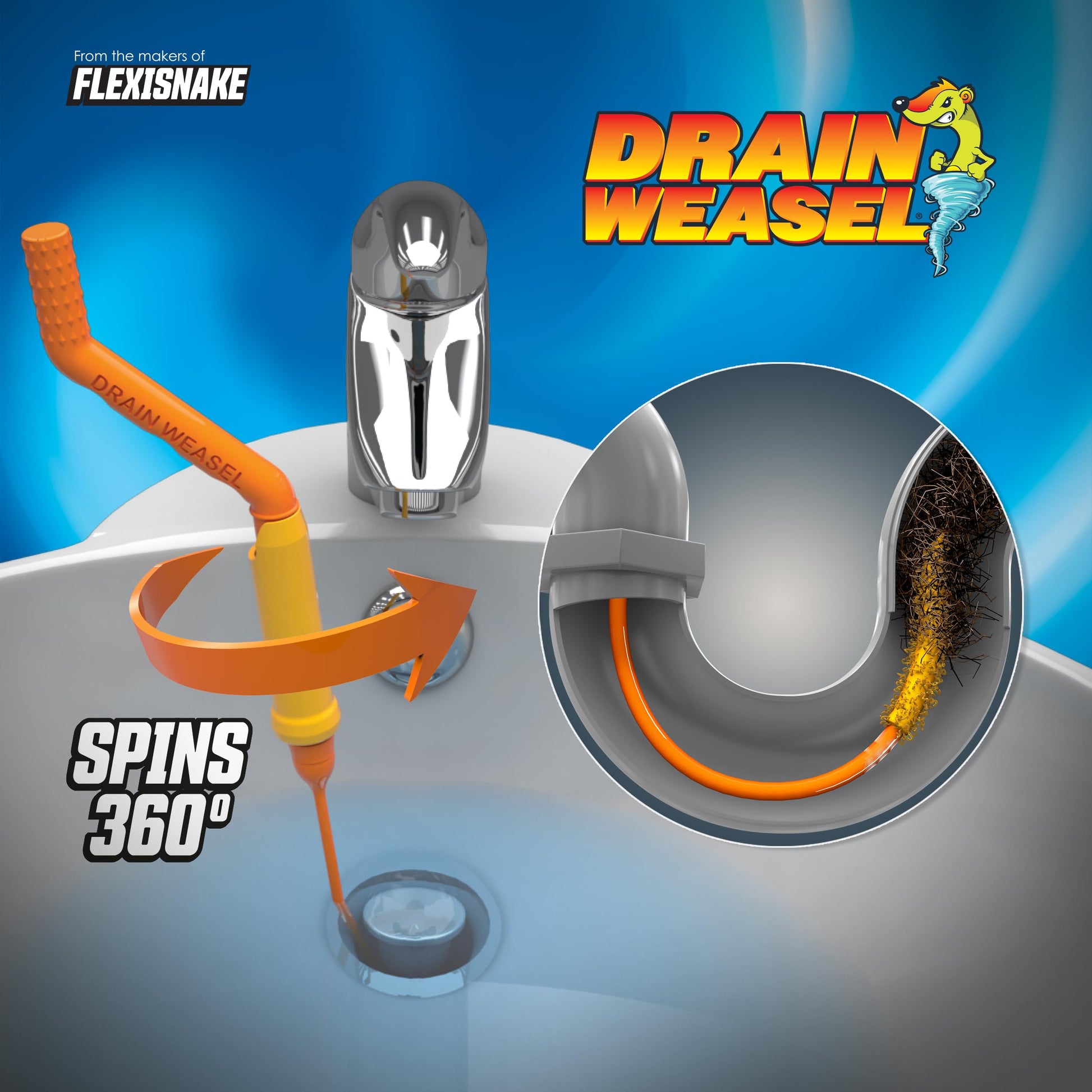 FlexiSnake Drain Weasel Sink Snake Hair Clog Remover Tool, Pipe, Bathroom, Bathtub Cleaner, 18-inch, Made in the USA, 5 Wands and Removable Handle