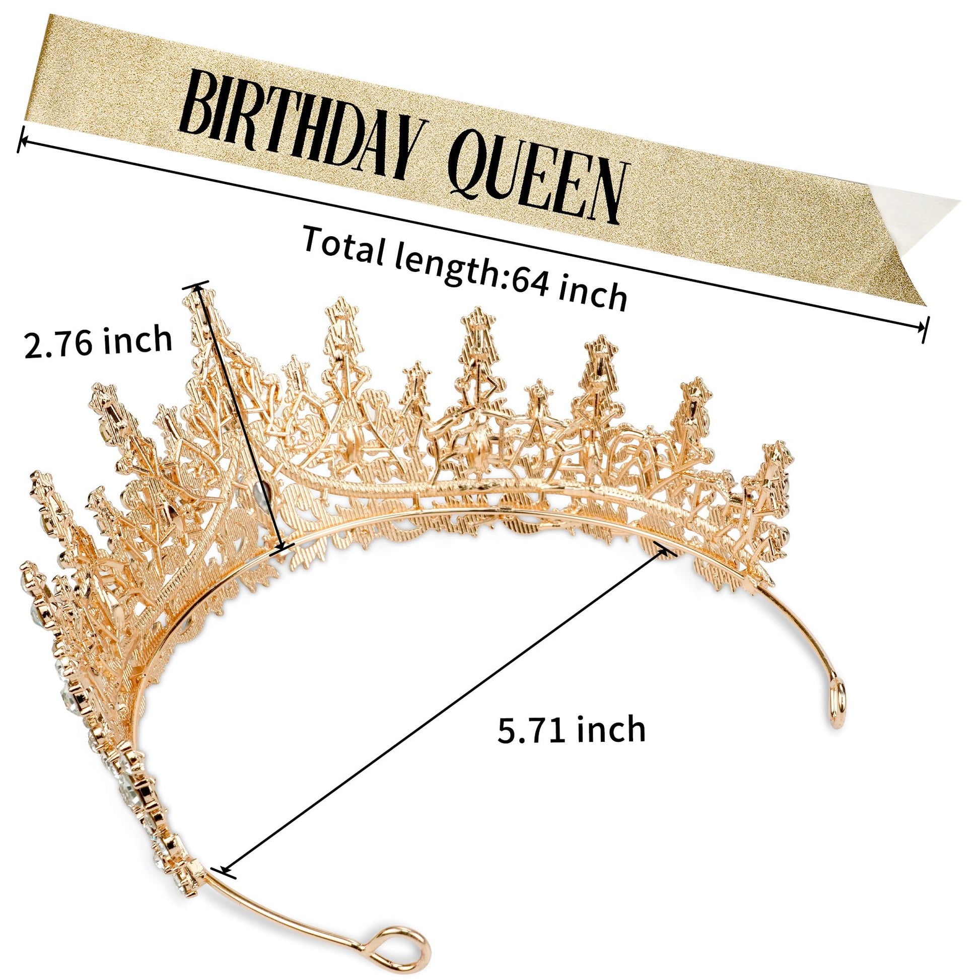 Birthday Sash and Crown for Women, Gold Crystal Princess Tiaras Rhinestone Queen Headband Wedding Bridal Hair Accessories, Birthday Prom Pageant Party Coming of Age Ceremony Photo Props