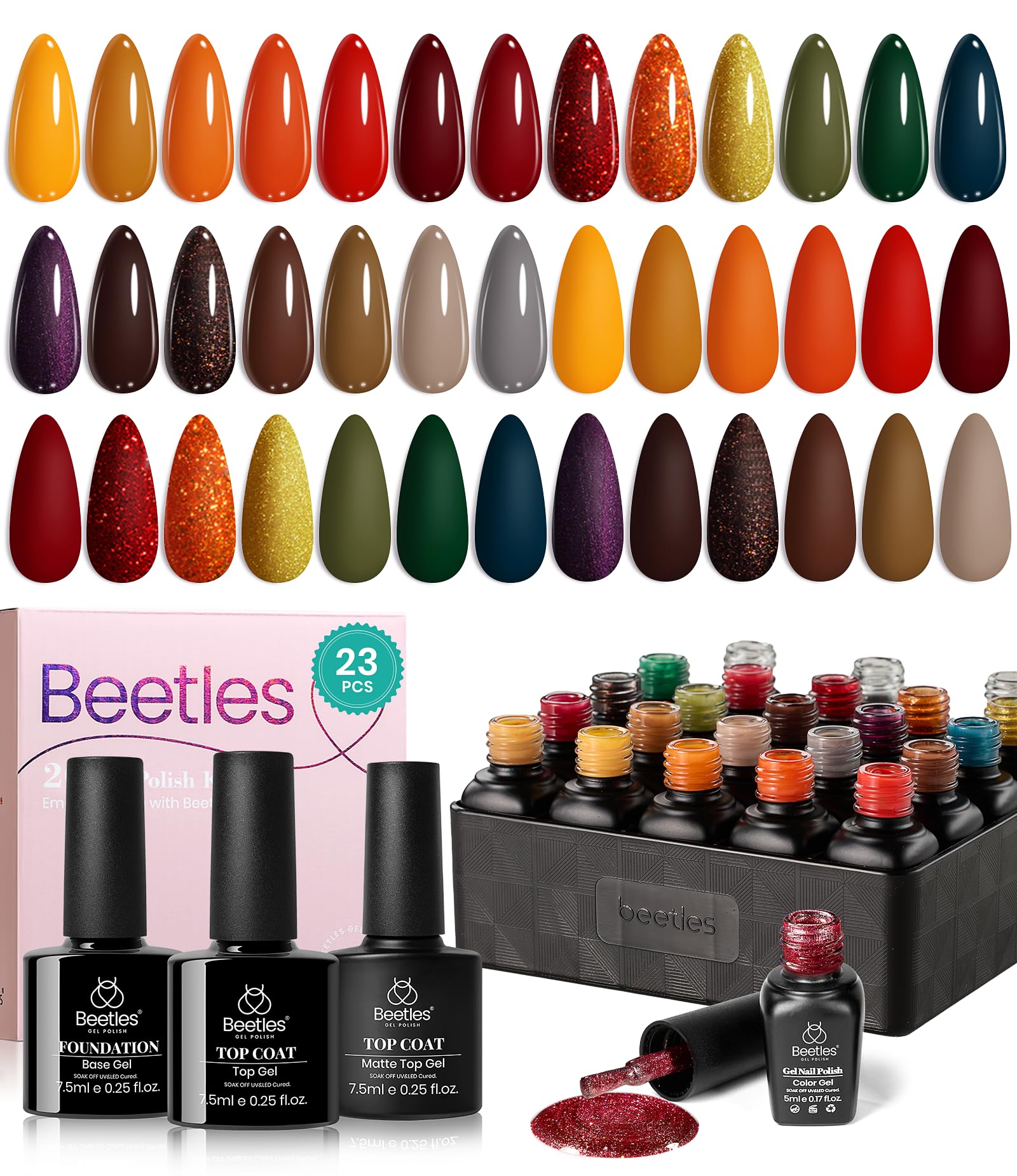 Beetles Fall Gel Nail Polish Set - Cozy Campfire Gel Polish Set 20 Colors Orange Yellow Green Brown Red Soak Off Uv Lamp Need Base Glossy Matte Top Coat Manicure Kit Gift for Girls Women