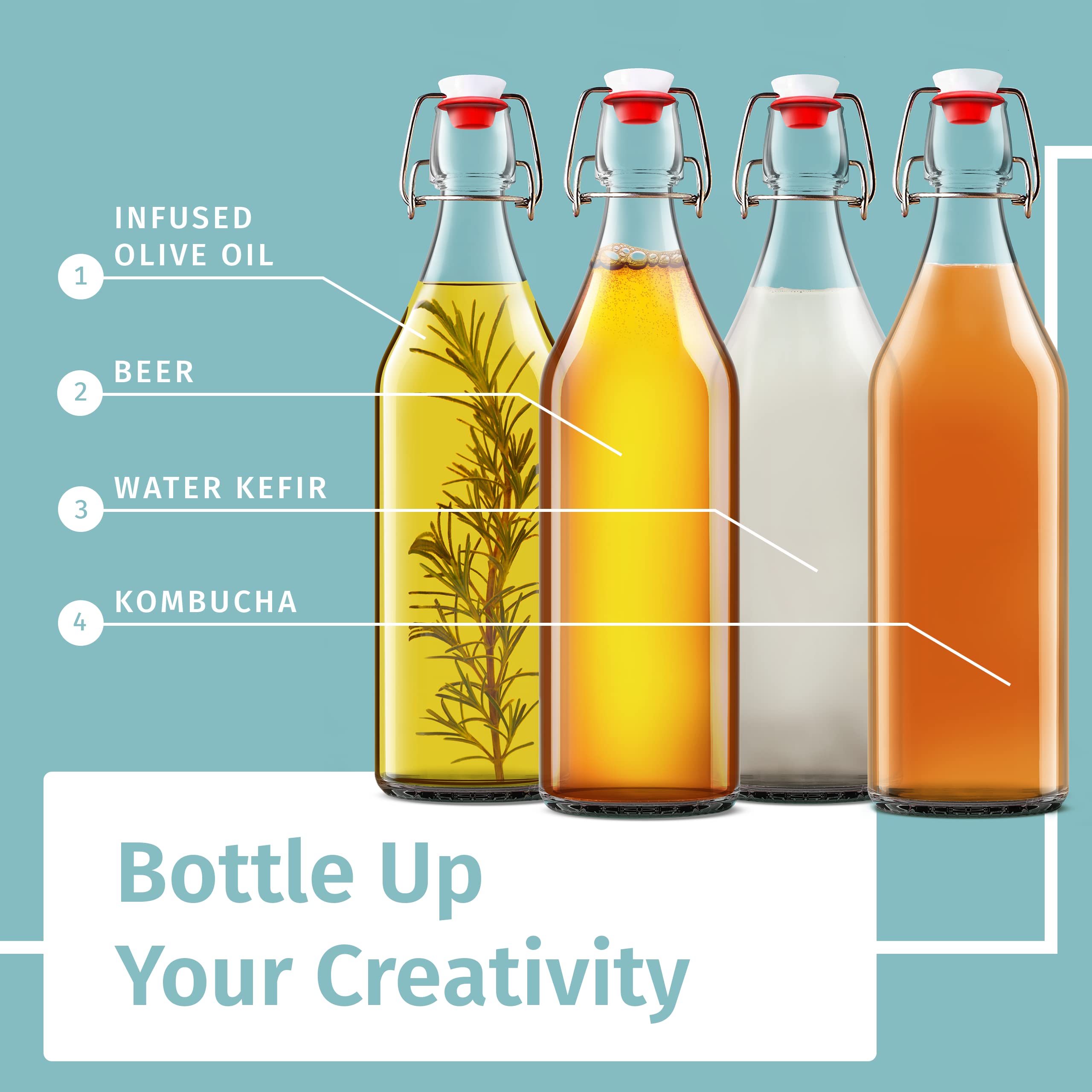 Otis Classic Swing Top Glass Bottles - Set of 6, 16oz w/Marker & Labels - Clear Bottle with Caps for Juice, Water, Kombucha, Wine, Beer Brewing, Kefir Milk or Eggnog