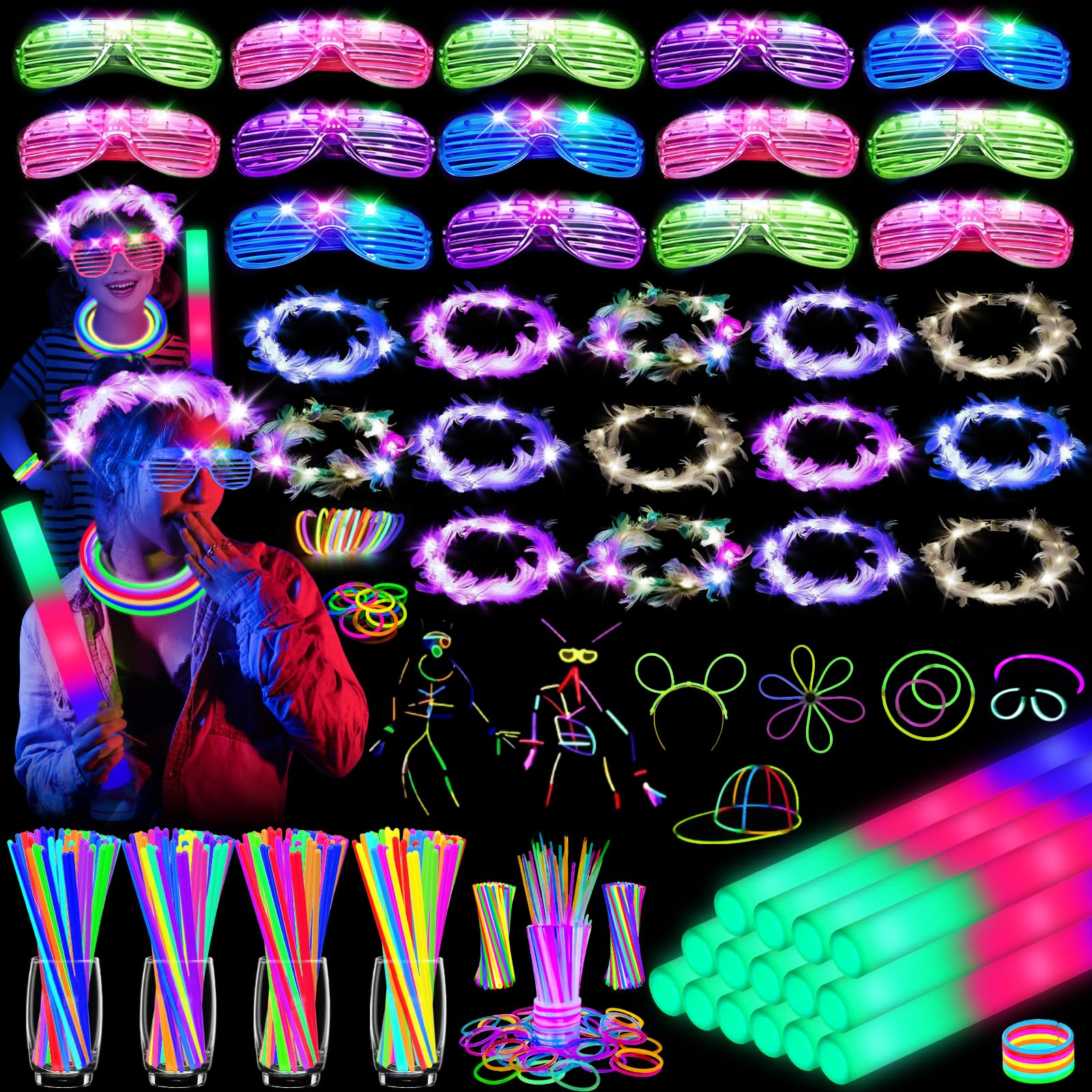 HONLYNE 142-teiliges Leuchtartikel-Set für Partys, 14 leuchtende Schaumstoffstäbe, 14 leuchtende Haarbänder, 14 LED-Brillen und 100 leuchtende Armbänder, für Leuchtpartys, Neujahr, Hochzeiten, Konzerte, Geburtstage
