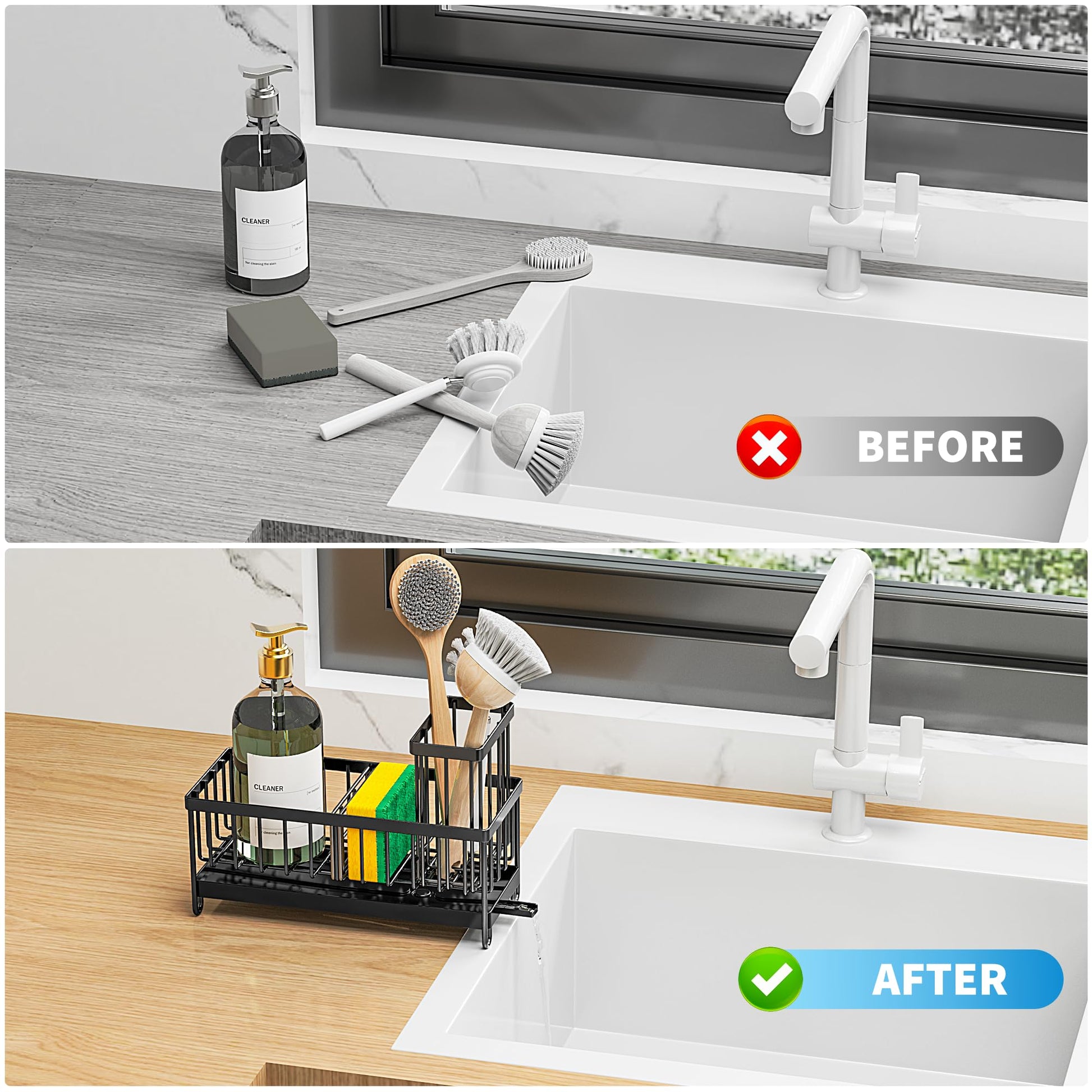 Cisily Black Sponge Holder for Kitchen Sink, Sink Caddy Organizer with High Brush Holder, Kitchen Countertop Organizers and Storage Essentials, Rustproof 304 Stainless Steel, Soap Dispenser Organize
