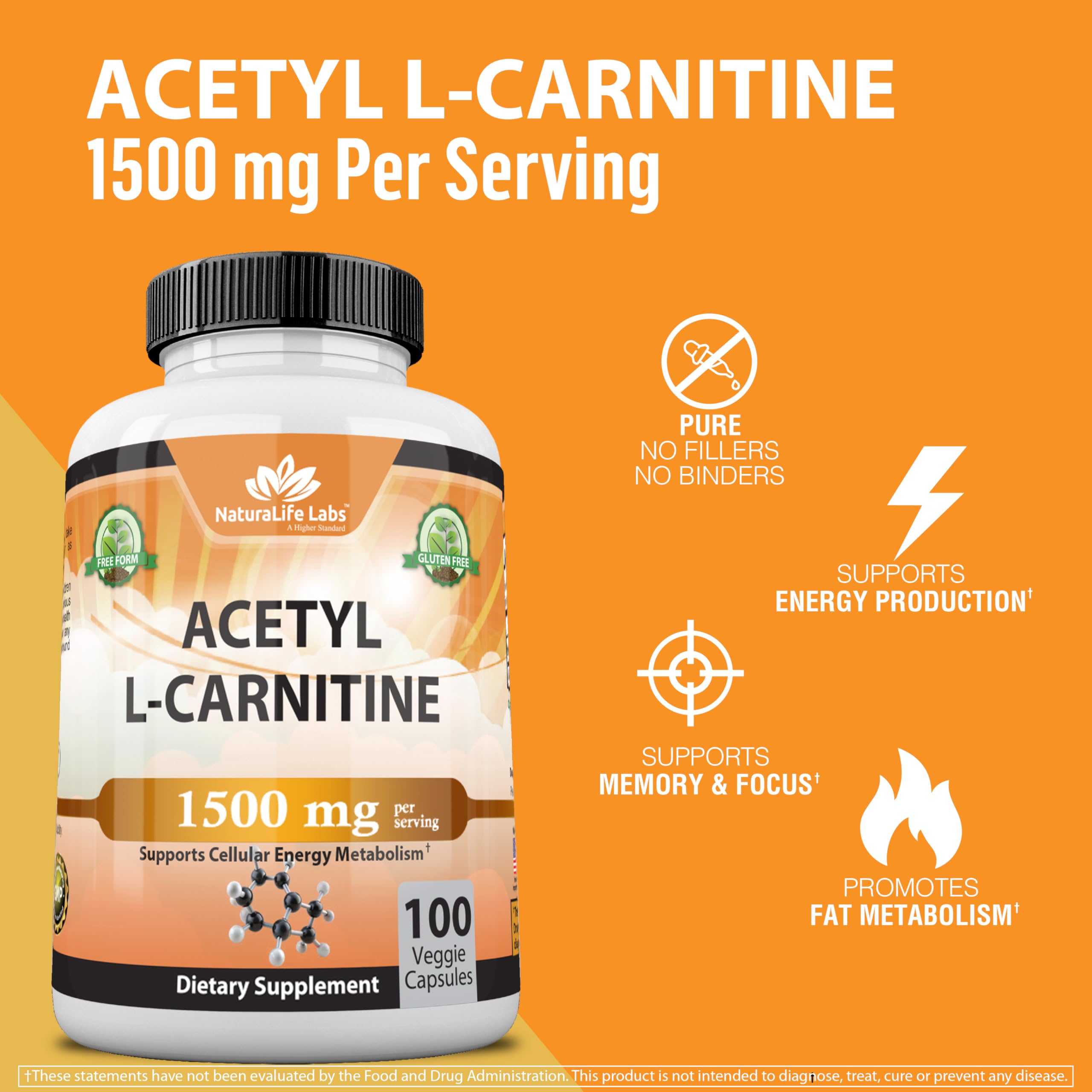 Acetyl L-Carnitine 1,500 mg High Potency Supports Energy Production, Sports Nutrition, Supports Memory/Focus - 100 Veggie Capsules