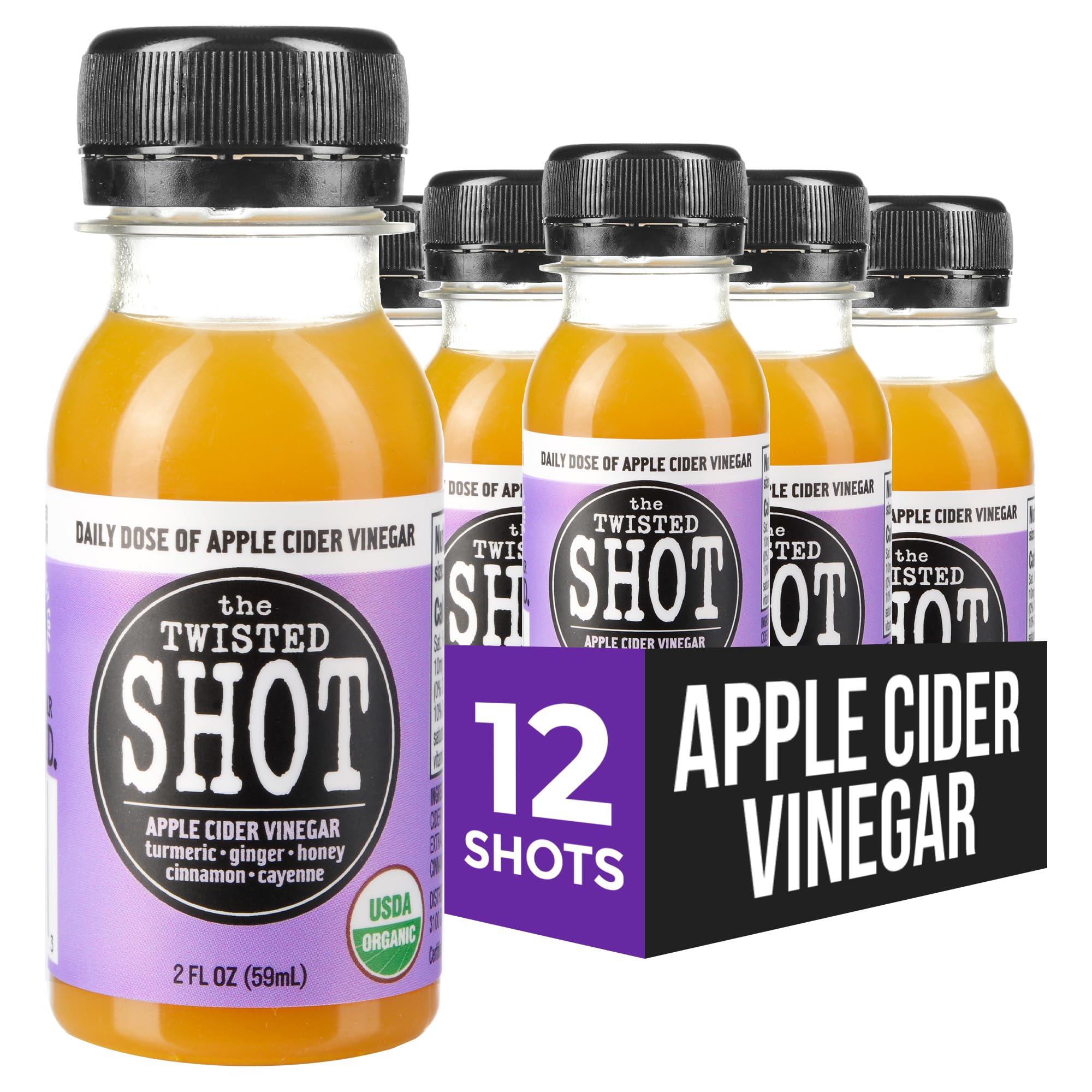 The Twisted Shot | Bio Apfelessig Wellness Shots mit Ingwer, Kurkuma, Honig, Zimt und Cayennepfeffer | Unterstützung für Verdauung, Immunität und Darmgesundheit | Trinkfertig | 12 x 2 oz Mini-Flaschen