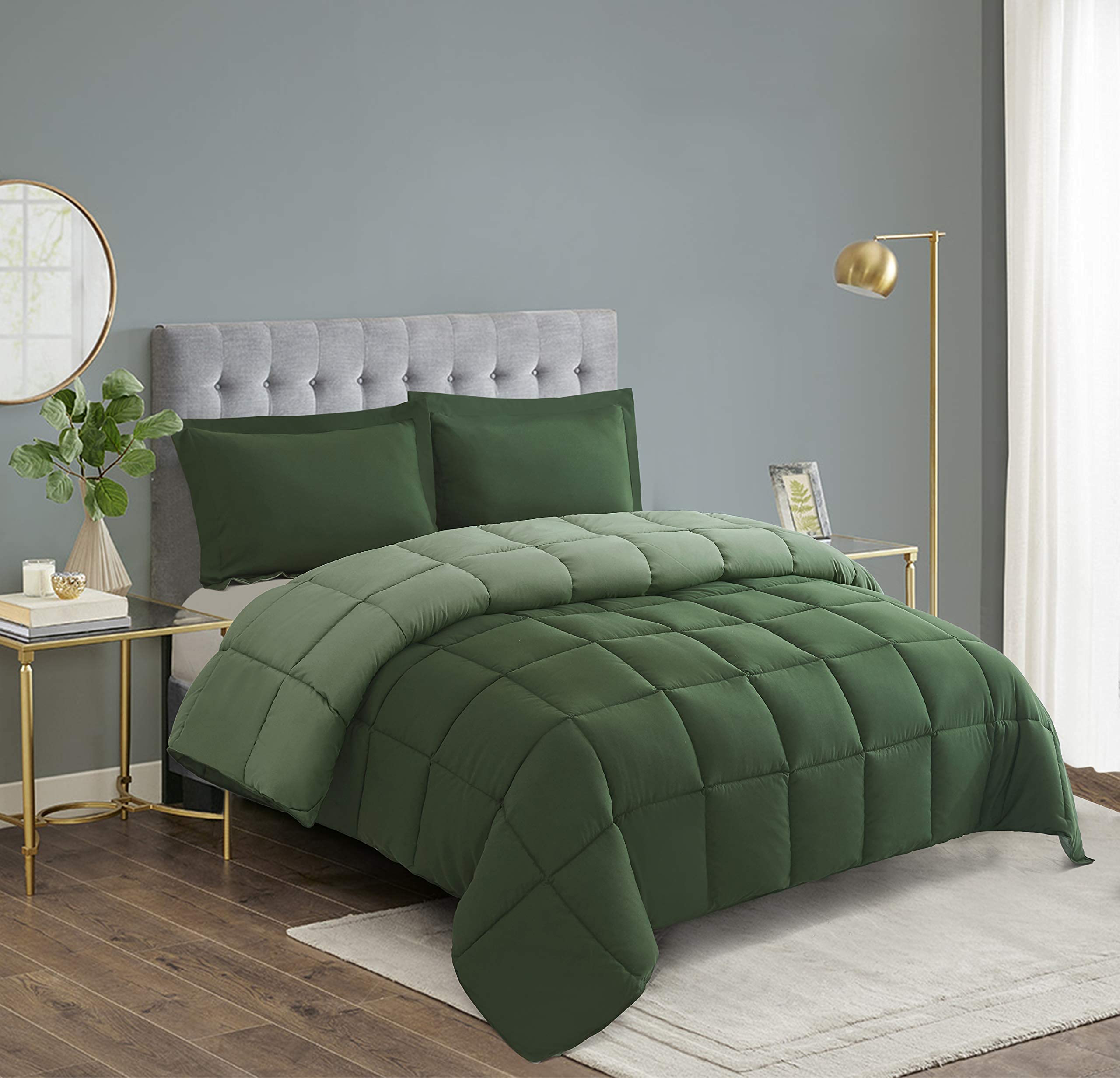 HIG 3pc Green Queen Comforter Set Duvet Insert, Reversible, All Season, Box Stitched, with Corner Tabs, Soft, Fluffy