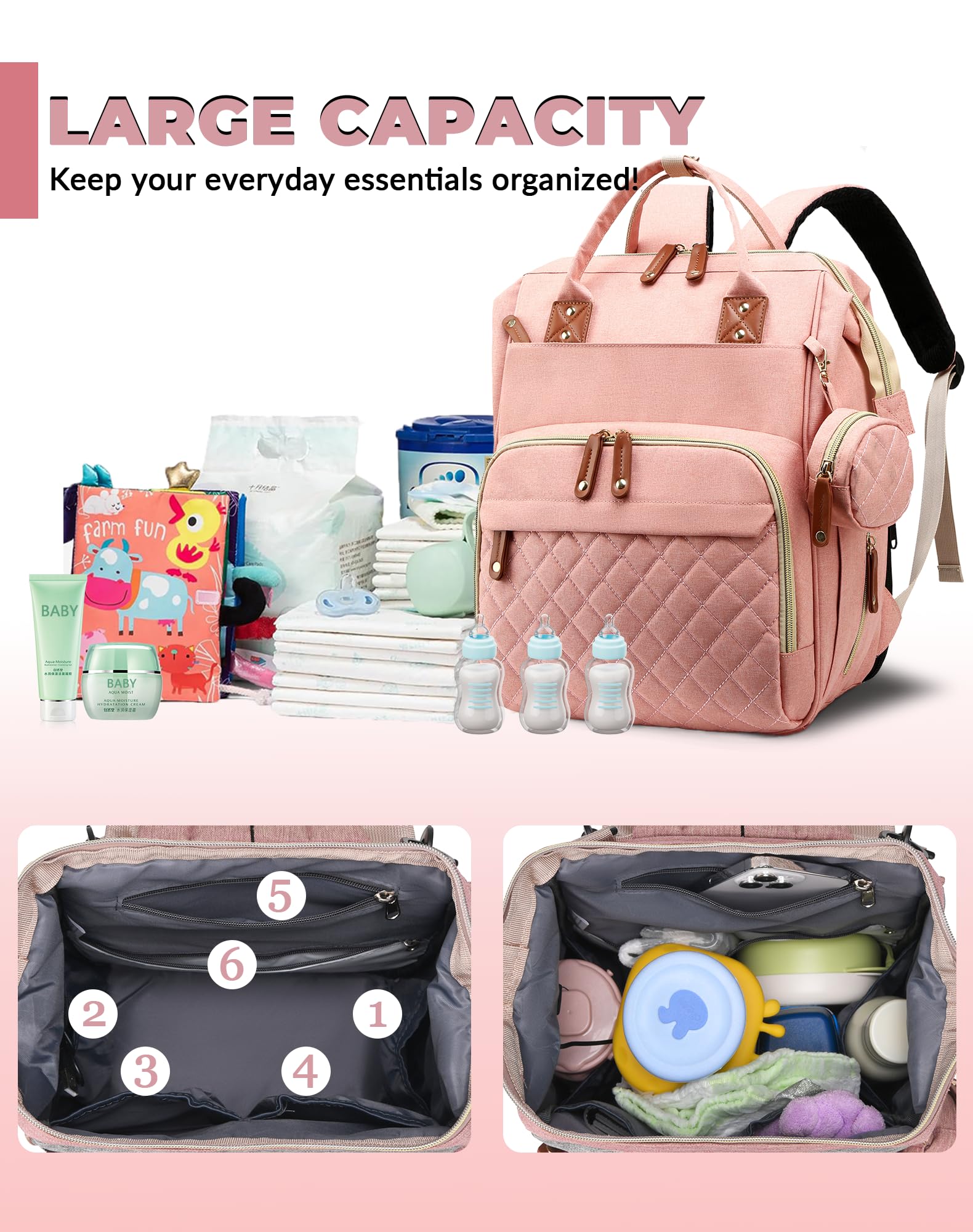 Diaper Bag with Changing Station, Waterproof 3 in 1 Baby Diaper Backpack with Foldable Changing Pad, Large Travel Back Pack for Baby Girl Boy, Peach Pink