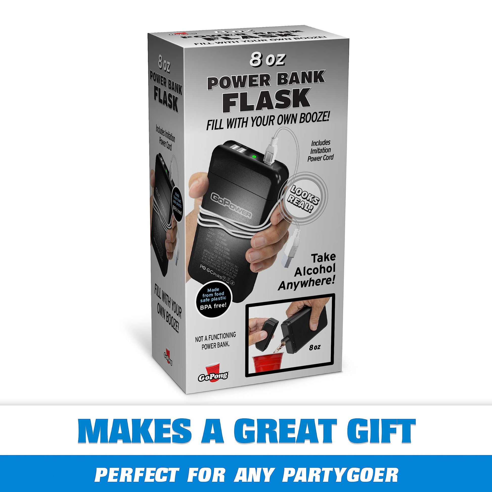 GoPong Power Bank Flask (8 oz) - Hidden Alcohol Travel Flask – Secret Liquor Container for Beaches, Cruises, and Sports Events – Includes Funnel & Spout