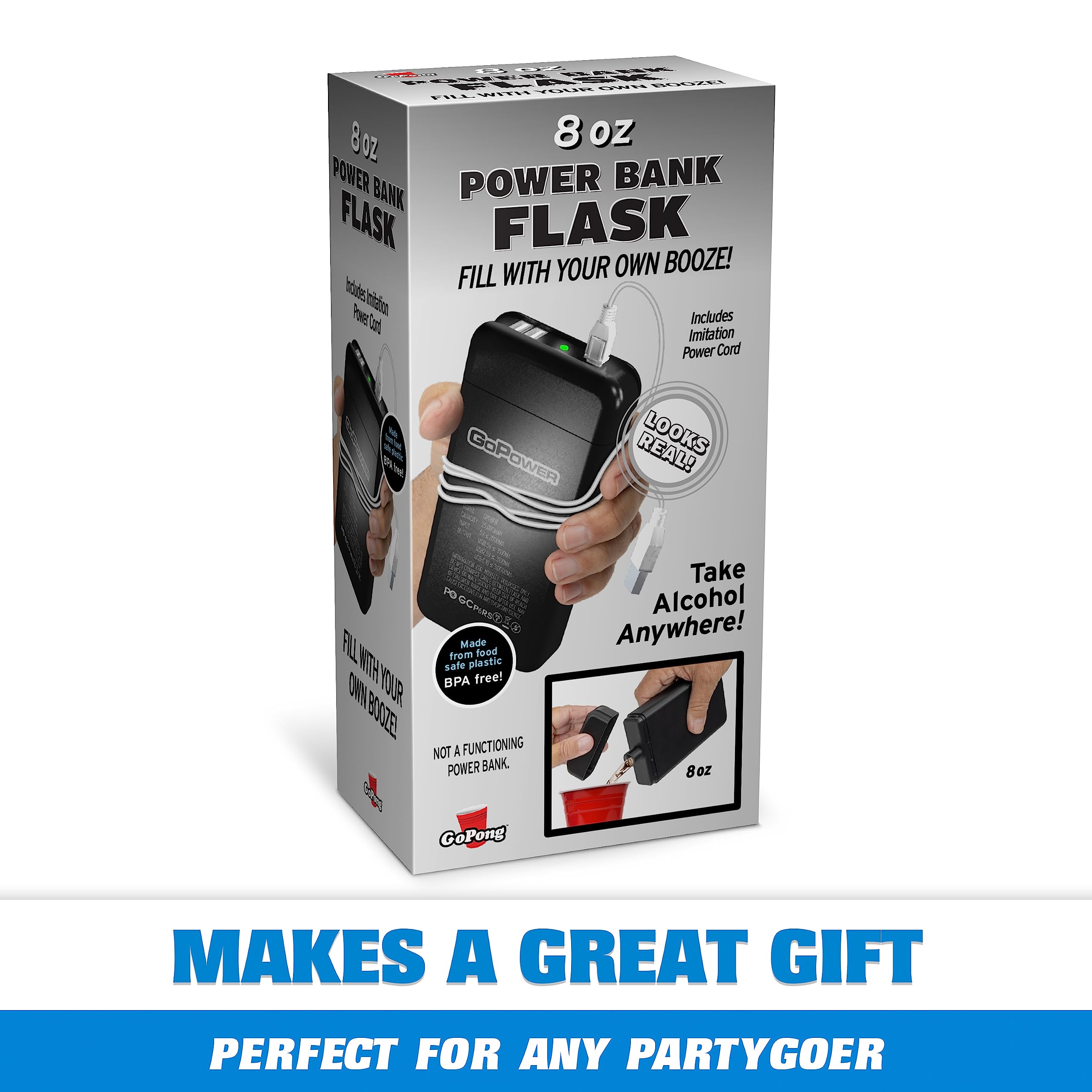 GoPong Power Bank Flask (8 oz) - Hidden Alcohol Travel Flask – Secret Liquor Container for Beaches, Cruises, and Sports Events – Includes Funnel & Spout