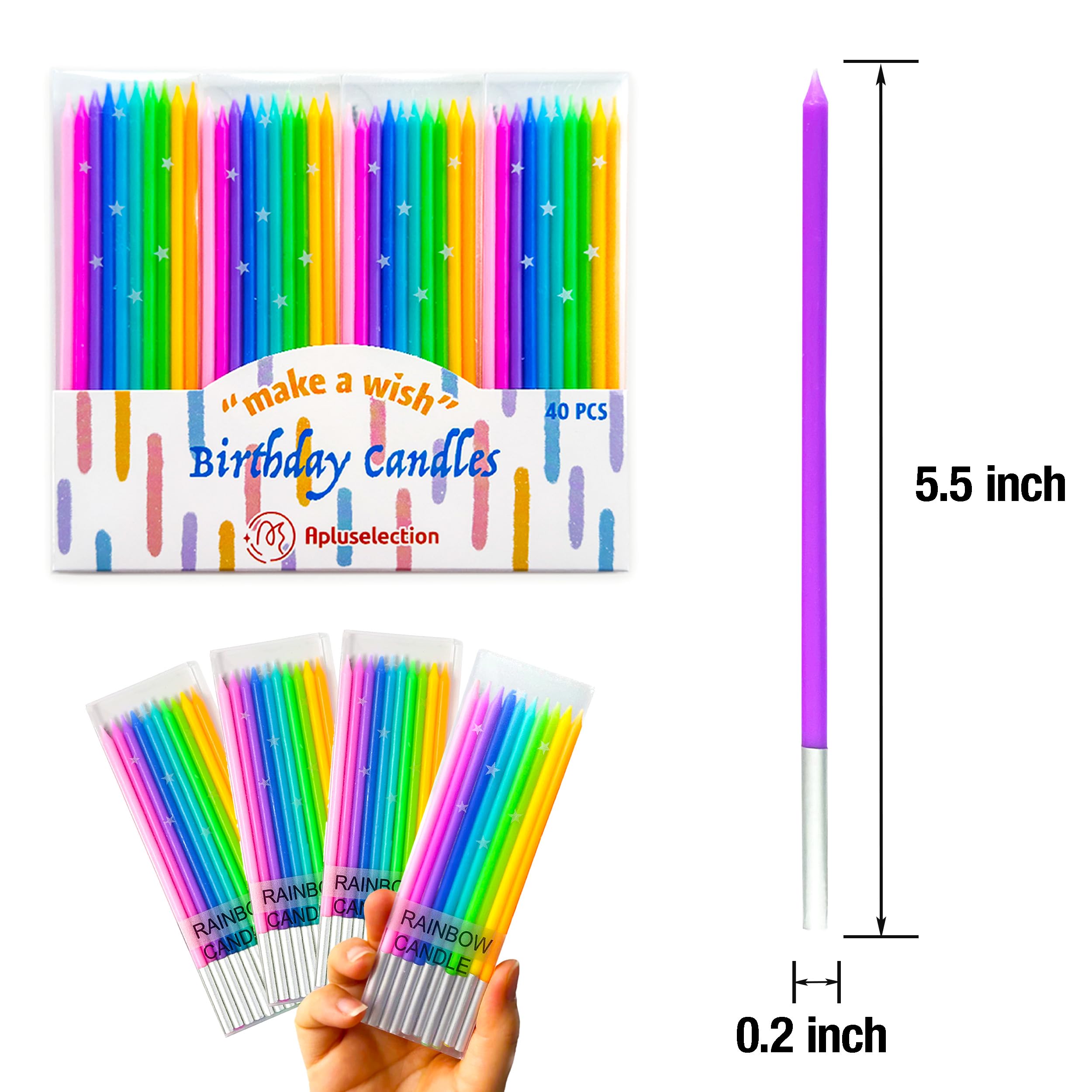 Apluselection 40-Count Rainbow Birthday Candles, Tall Thin Birthday Cake Candles Set, Rainbow Cupcake/Cake Decorations