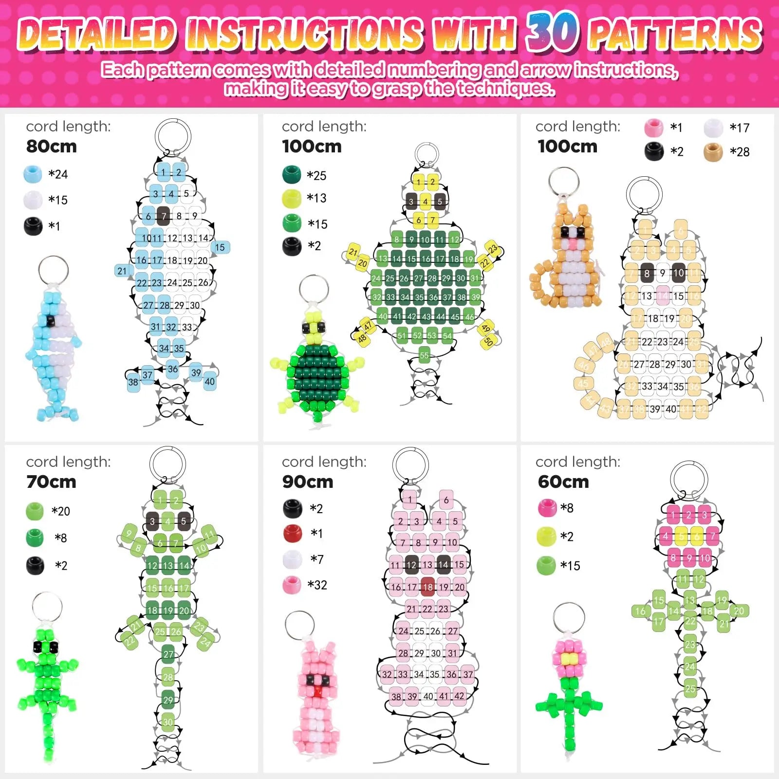 Funtopia Beads for Crafts, Pony Beads Keychain Making Kit, Bead Pets Art Crafts for Kids Beginners, Birthday Party DIY Craft for Girls Boys (1500 Beads, 30 Designs)